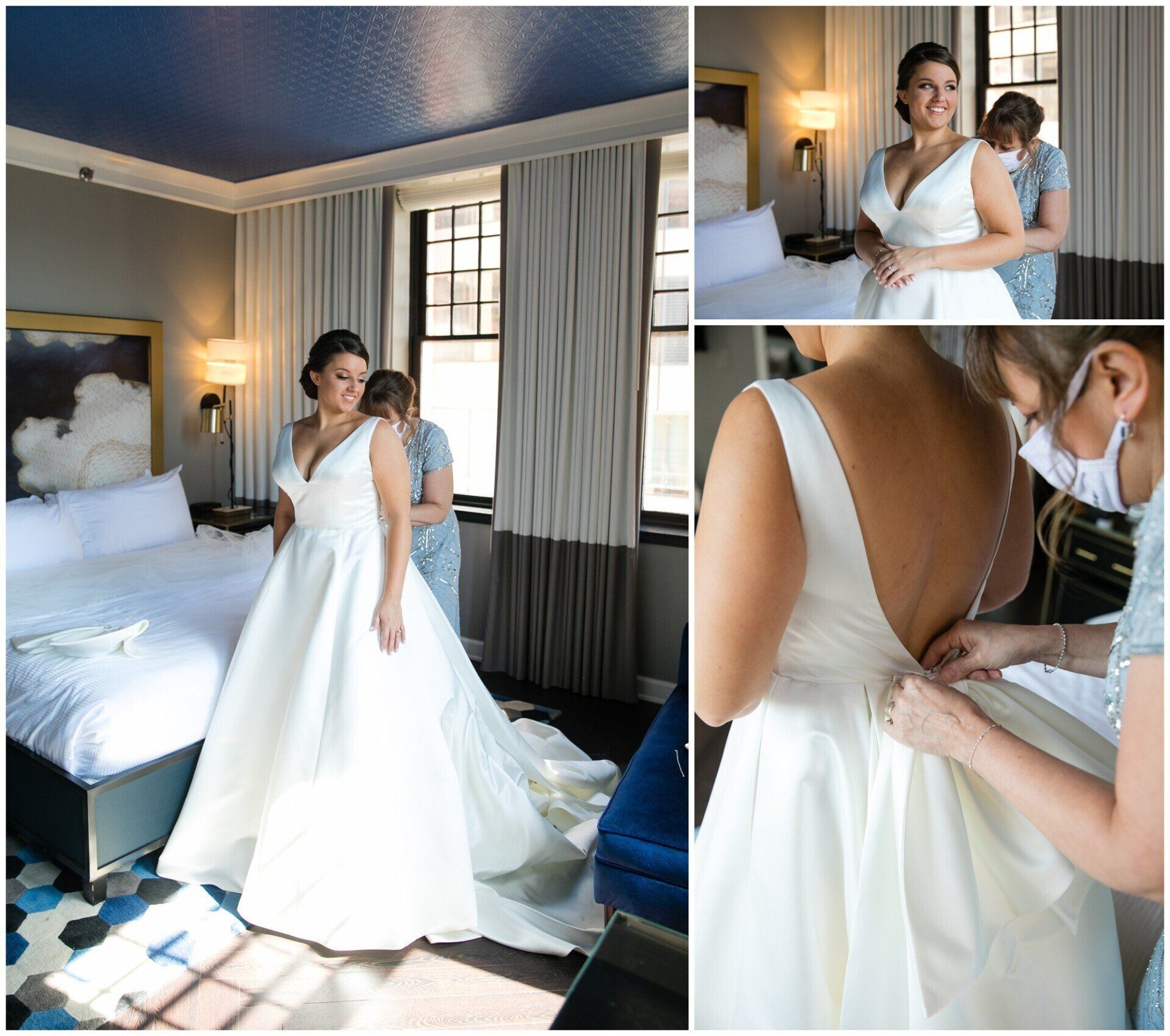 Bride in white gown getting dressed in a hotel room, shown in a three-photo collage with close-up dress details.