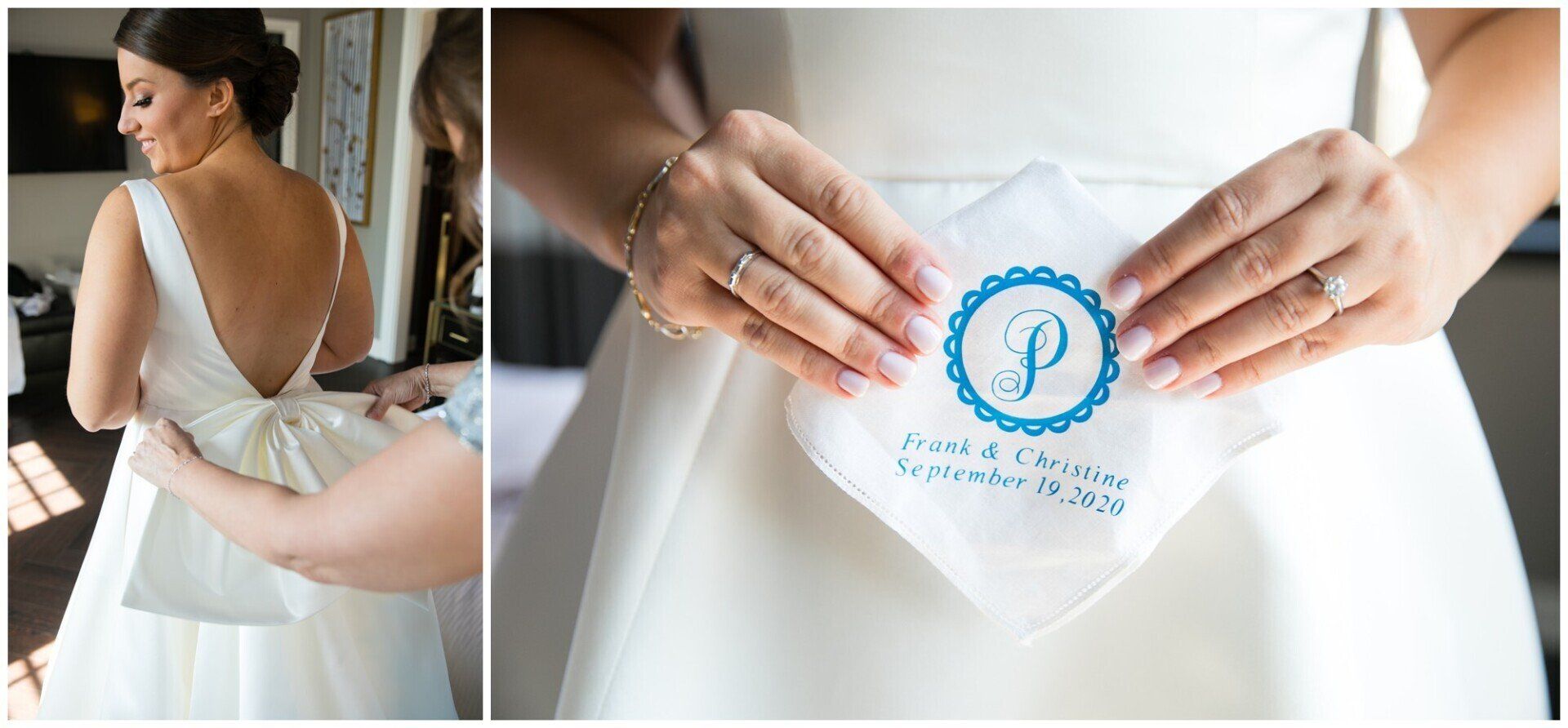 Bride in white gown holding a monogrammed lace handkerchief at her waist