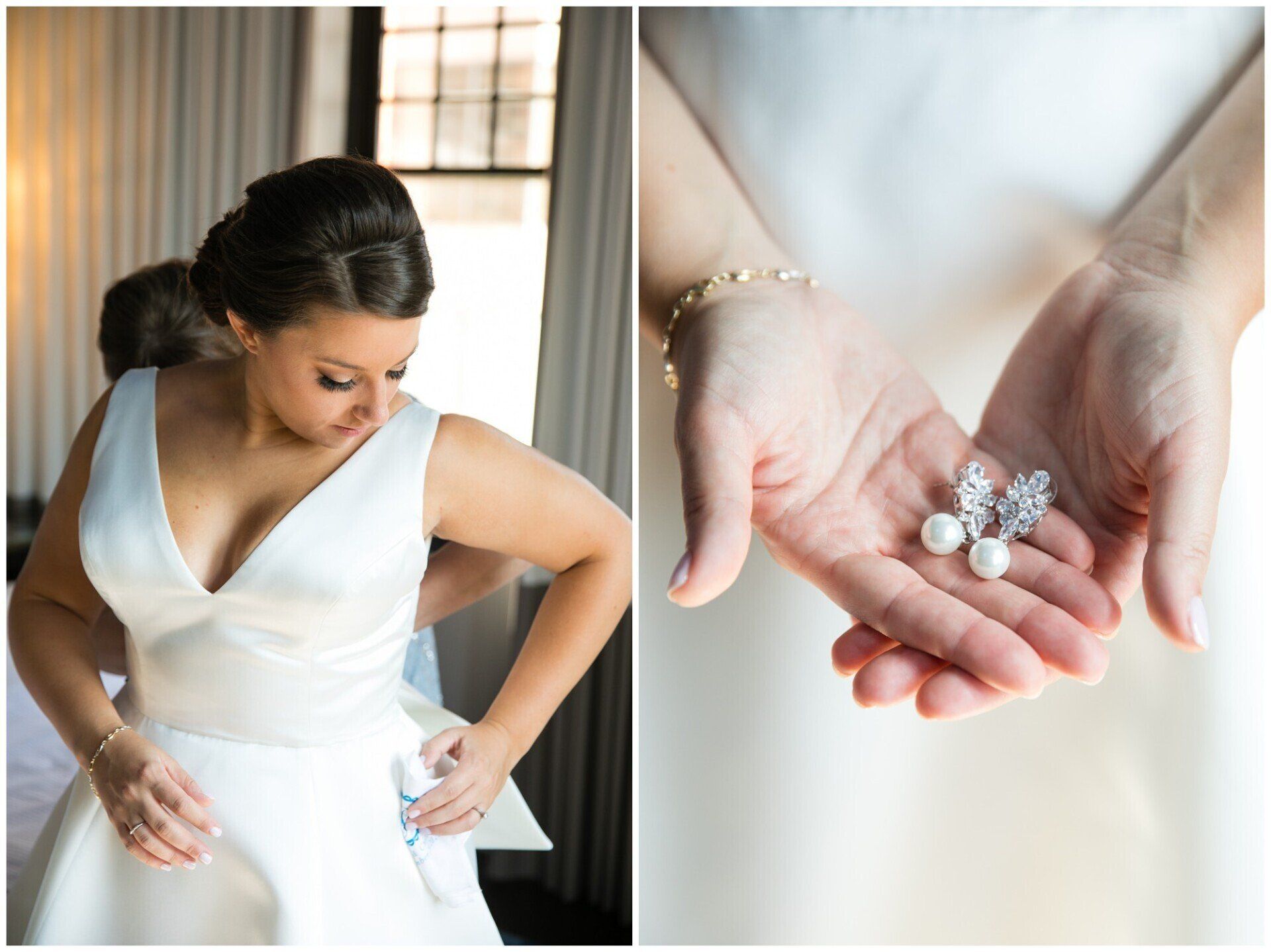 Bride in white satin dress adjusts her gown; close-up of hands holding a floral ring on a soft blurred background