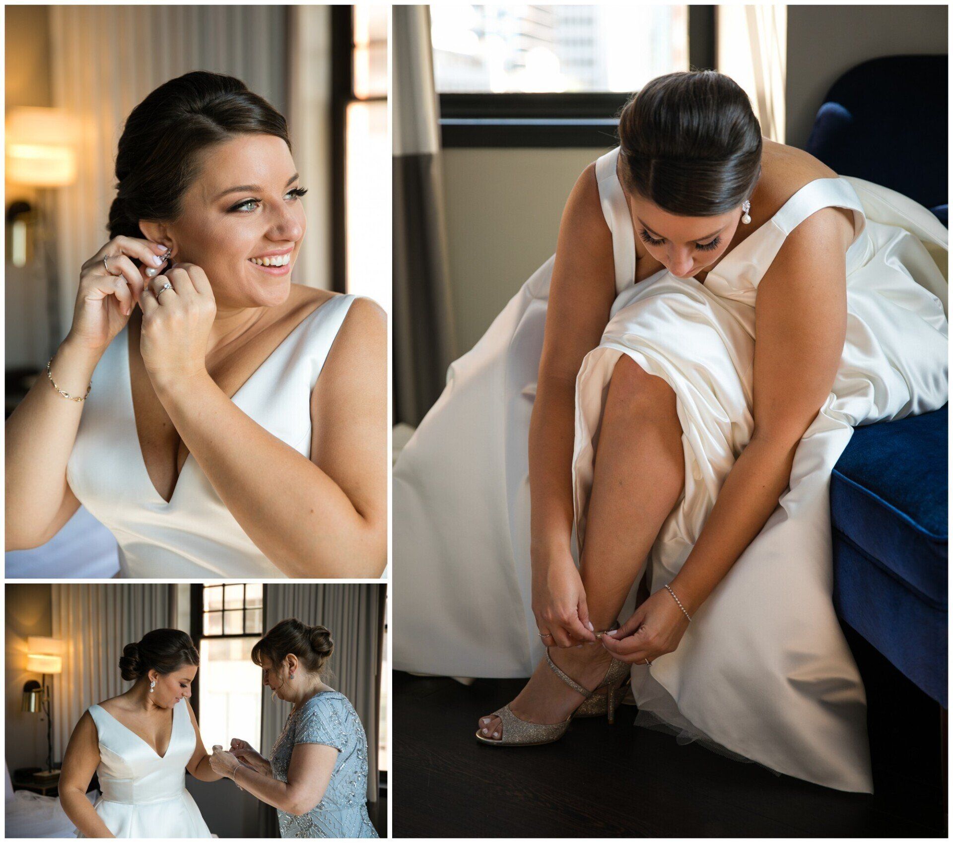 Bride getting ready with help, fastening earrings and shoes in a bright bedroom collage