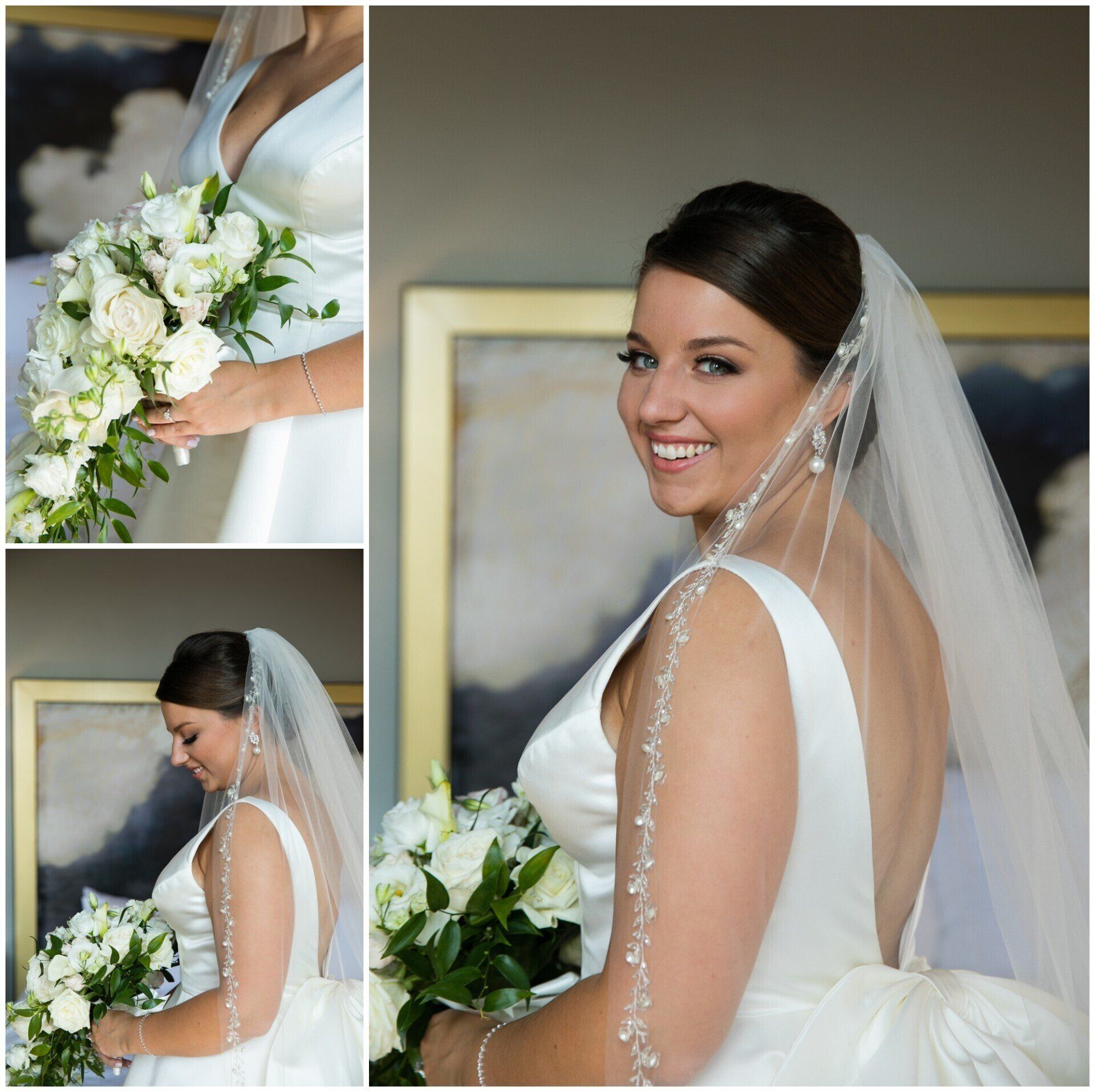 Bride in white gown and veil holding white bouquet, smiling in a three-photo wedding collage