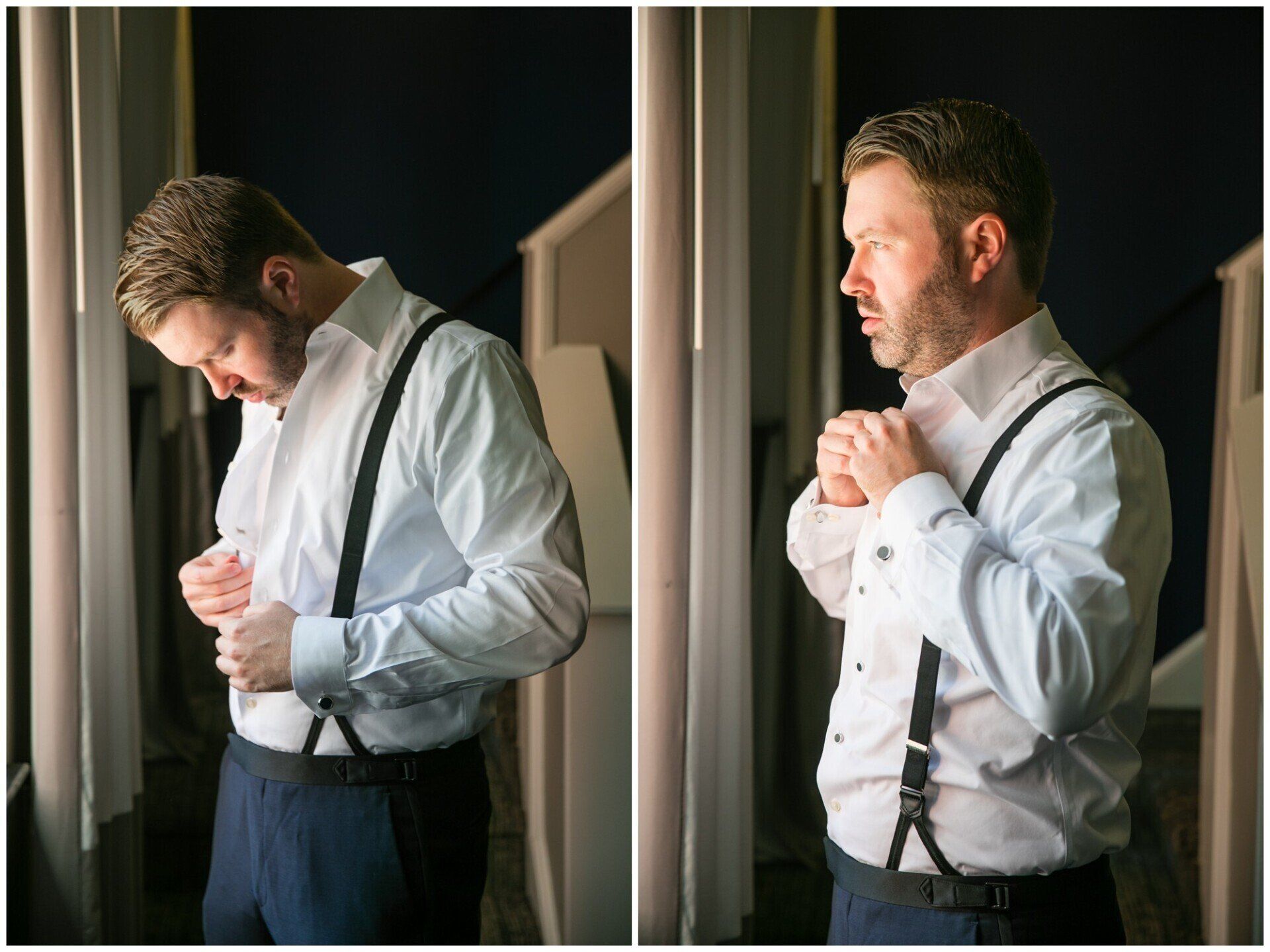 Man adjusting suspenders and cuffs by a window, shown in two mirrored views.