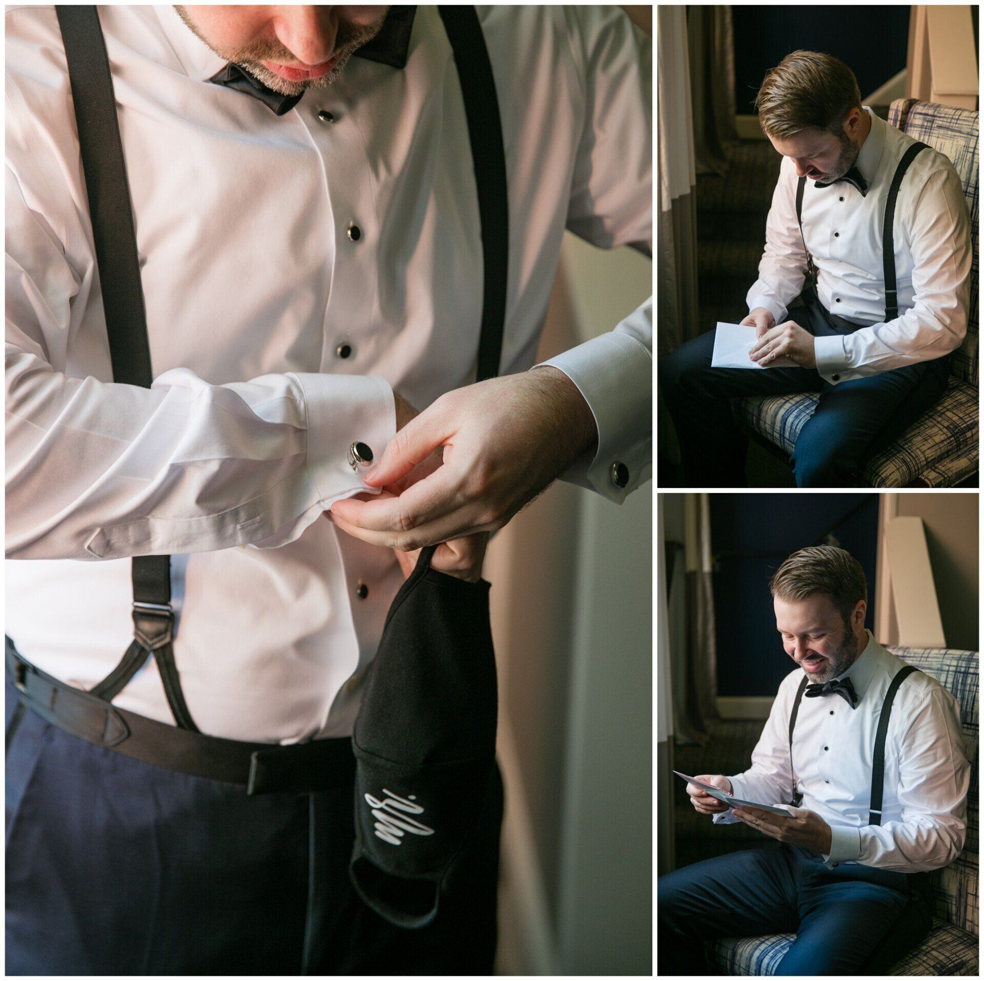 Man buttoning white shirt and black suspenders in a seated room collage, adjusting formal attire.