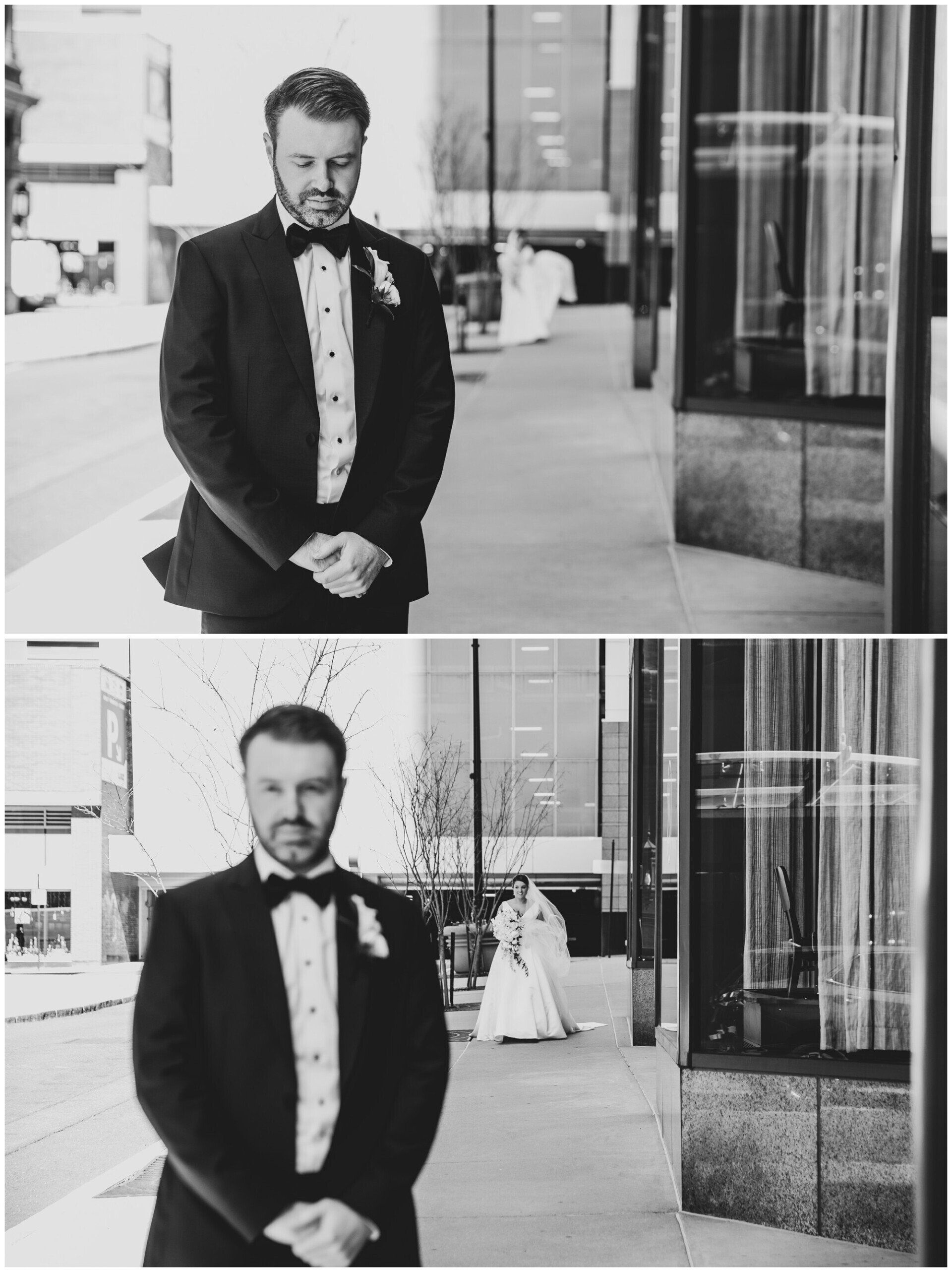 Black-and-white split photo of a suited man standing outside a glass building, hands clasped.