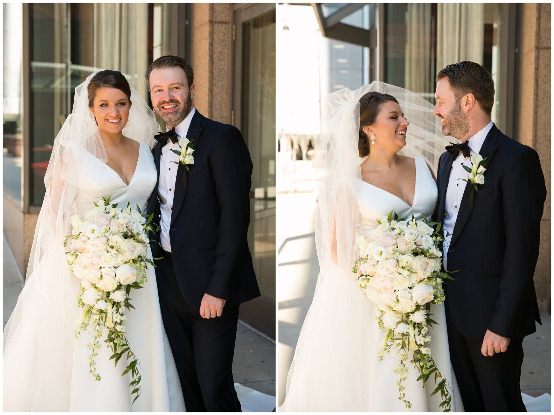 Newlywed couple in formal attire posing in a bright doorway with white floral bouquet