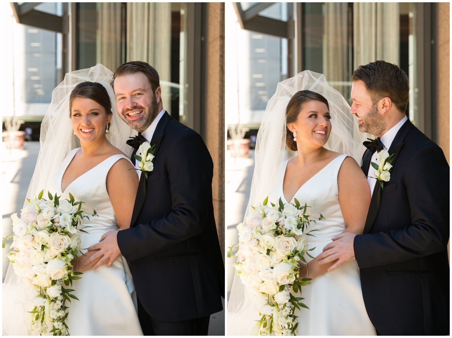 Bride and groom in formal attire, smiling and posing together outdoors on their wedding day