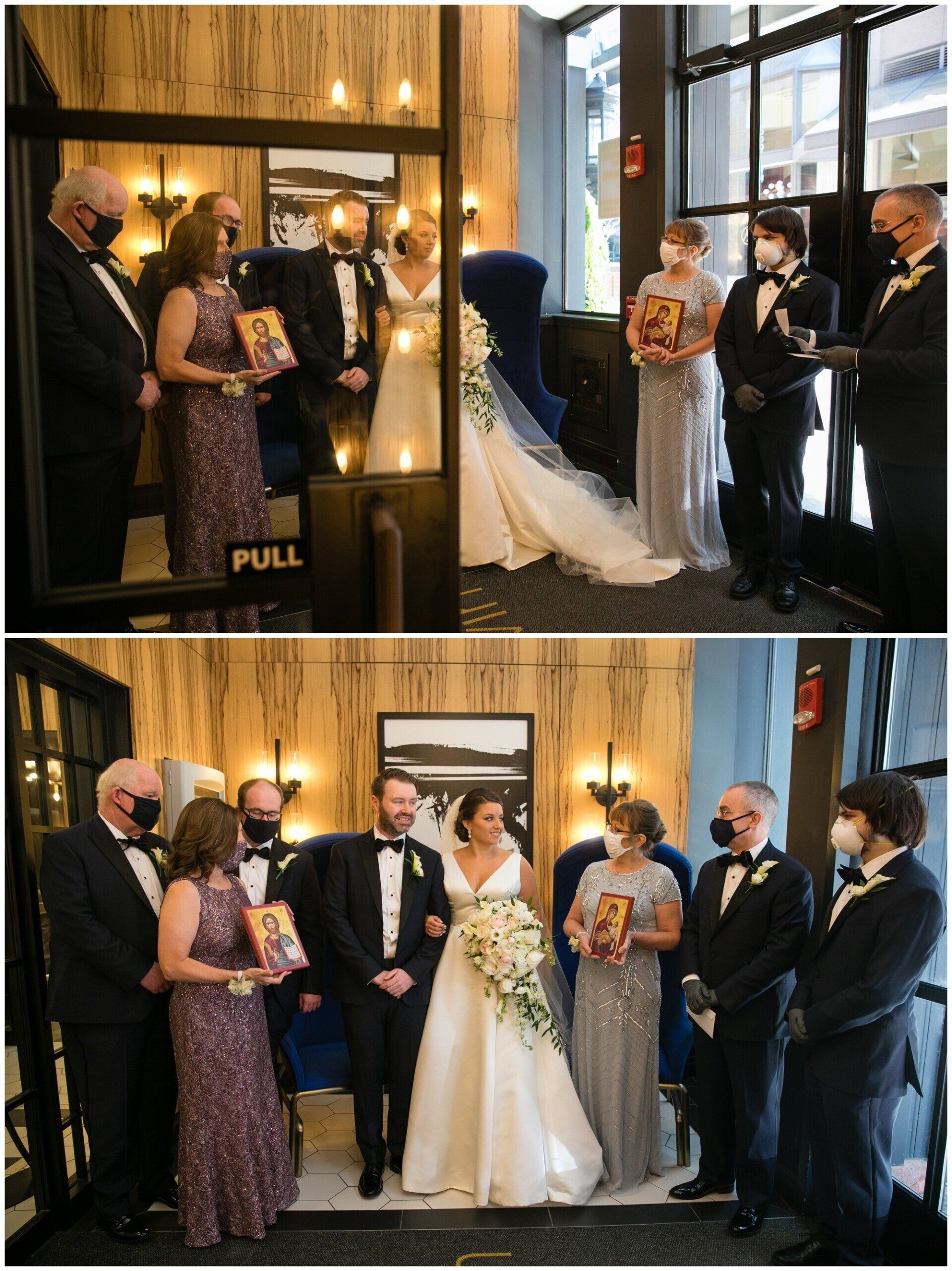 Wedding party gathered in a wood-paneled entryway, with the bride and groom centered in both photos.