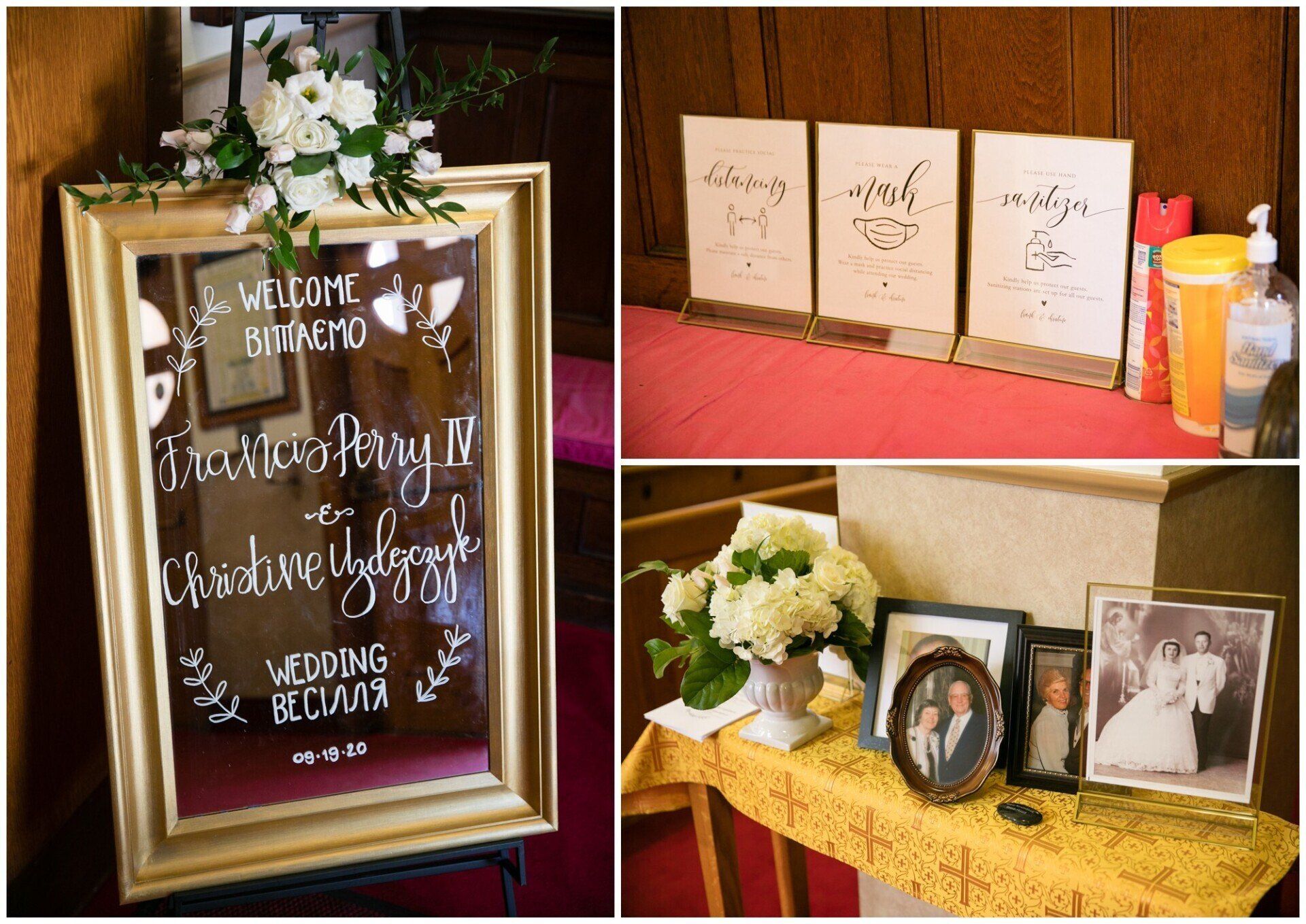 Wedding reception sign and memory table with framed photos, flowers, and whiteboards on a wood-paneled wall.