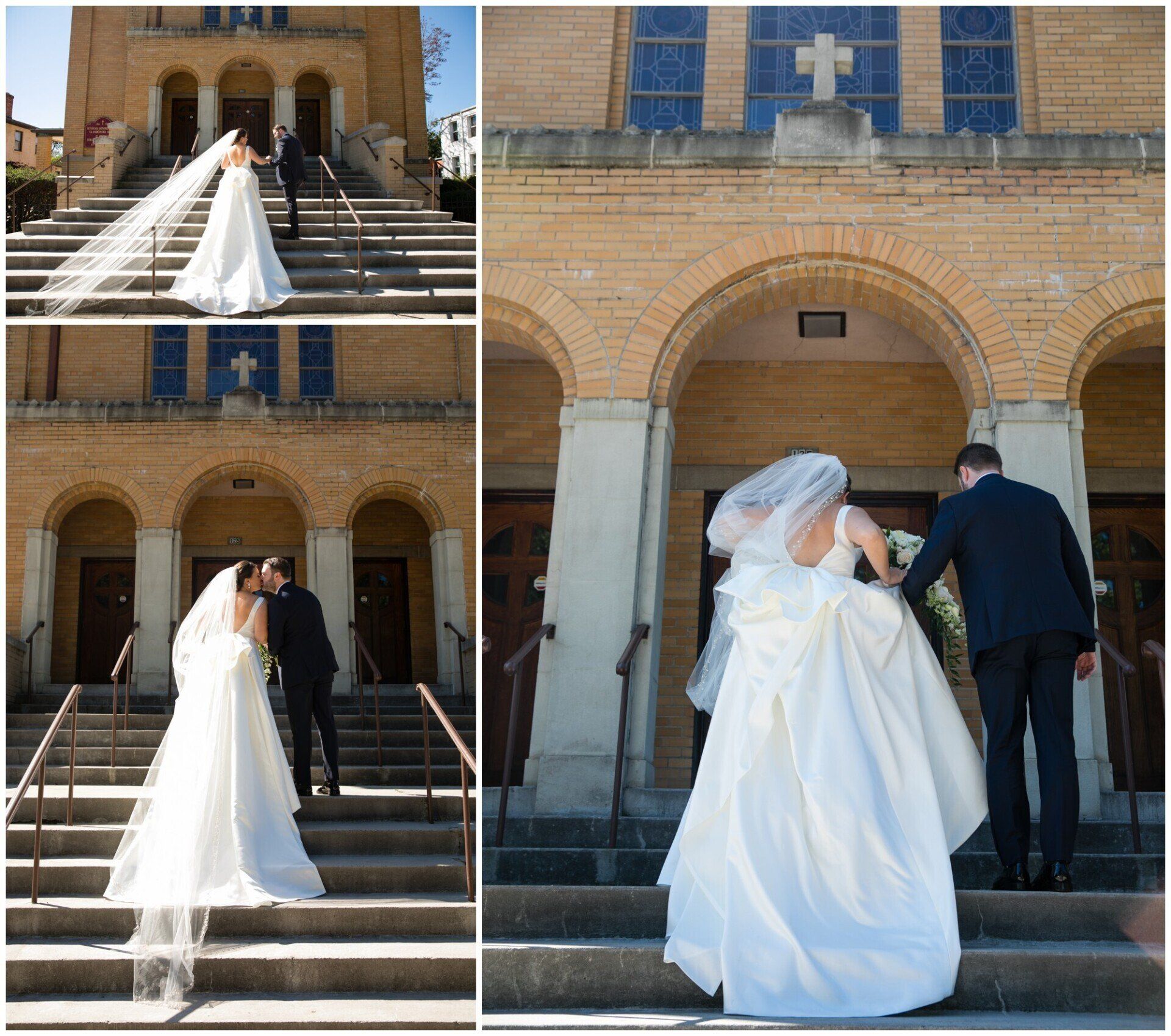 Bride and groom ascending church steps, bride’s long veil trailing behind them