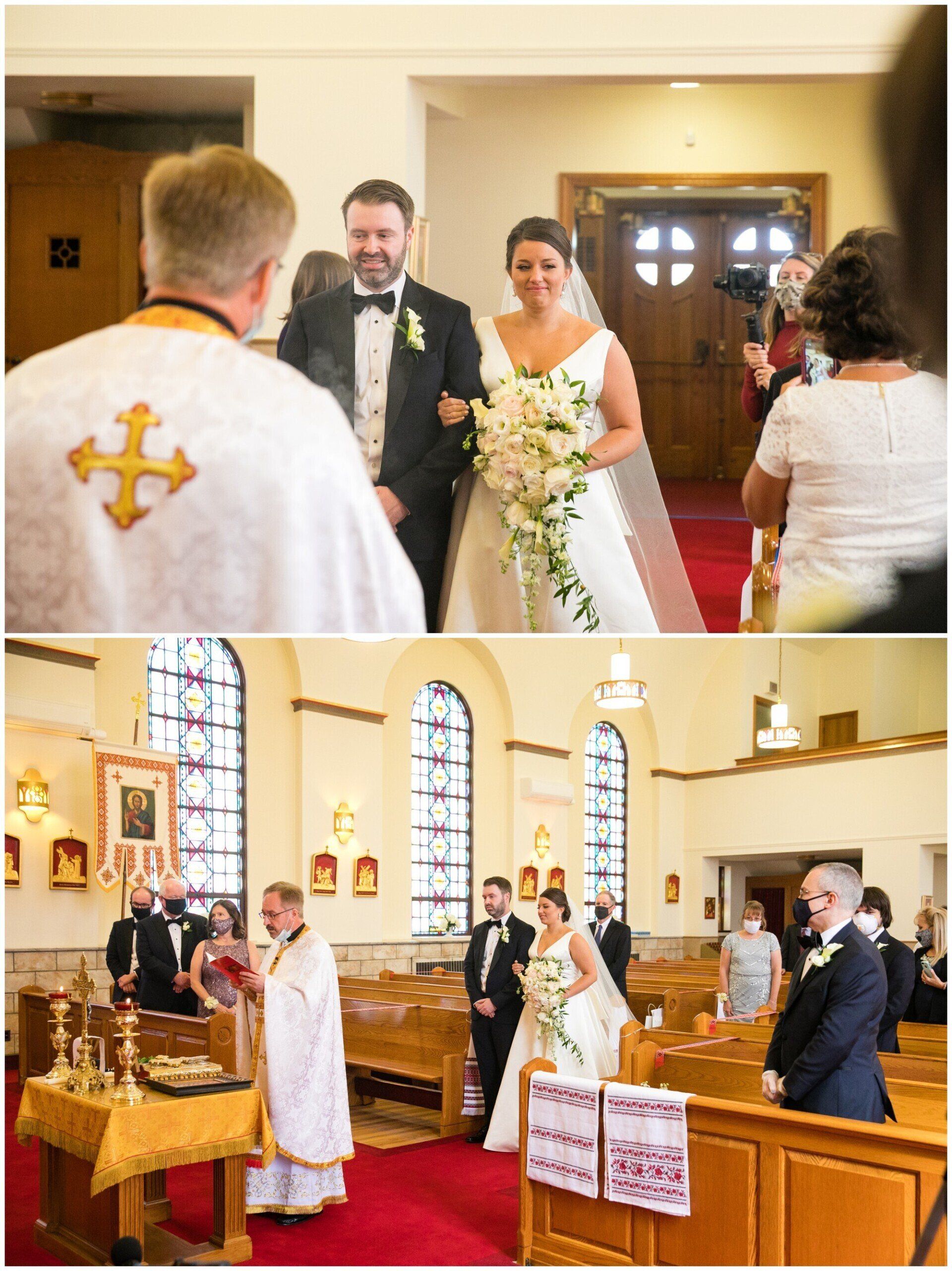 Wedding ceremony in a church, bride and groom at the altar with guests seated nearby
