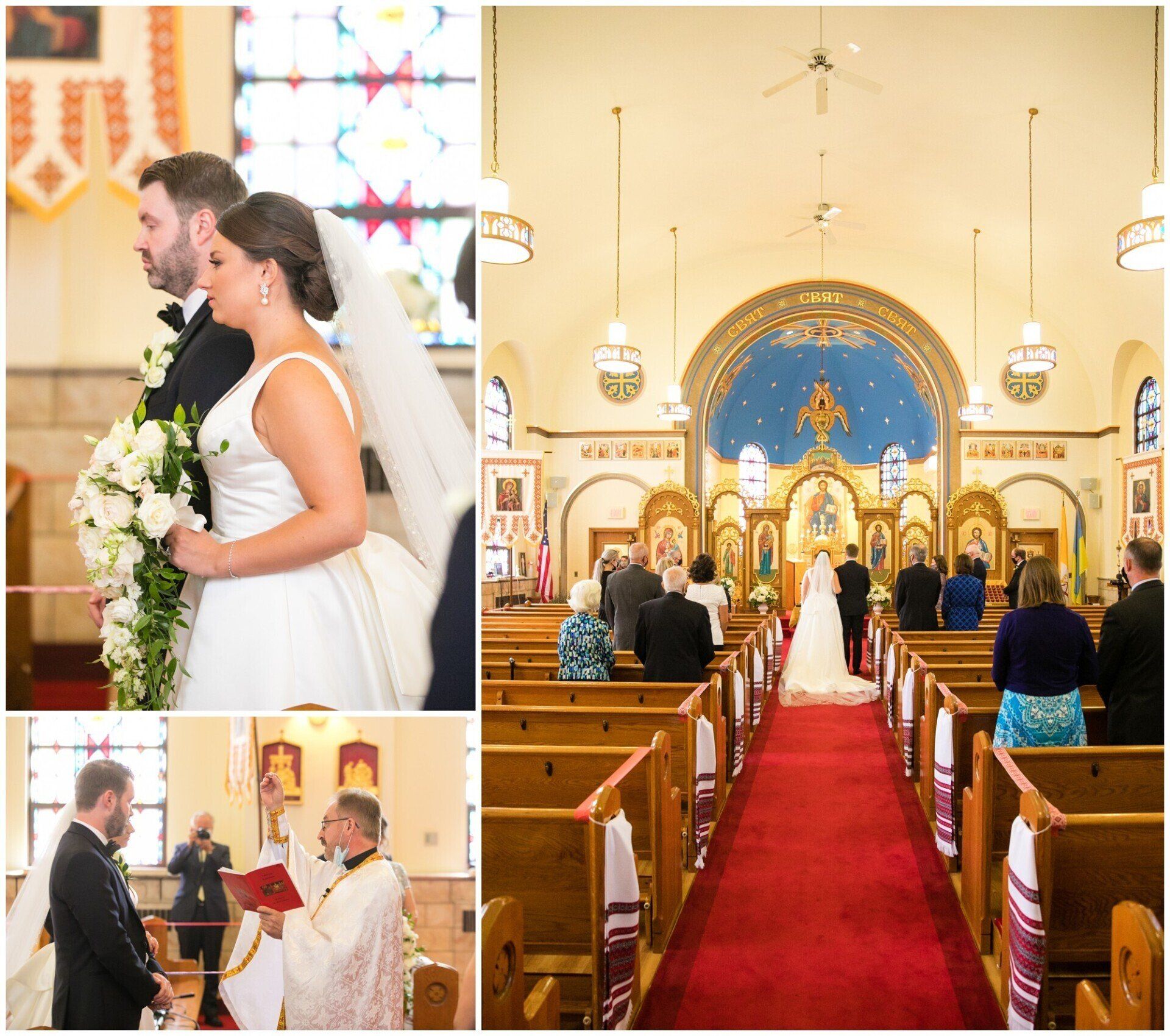 Wedding collage: bride and groom in church, altar ceremony, and red-carpet aisle view