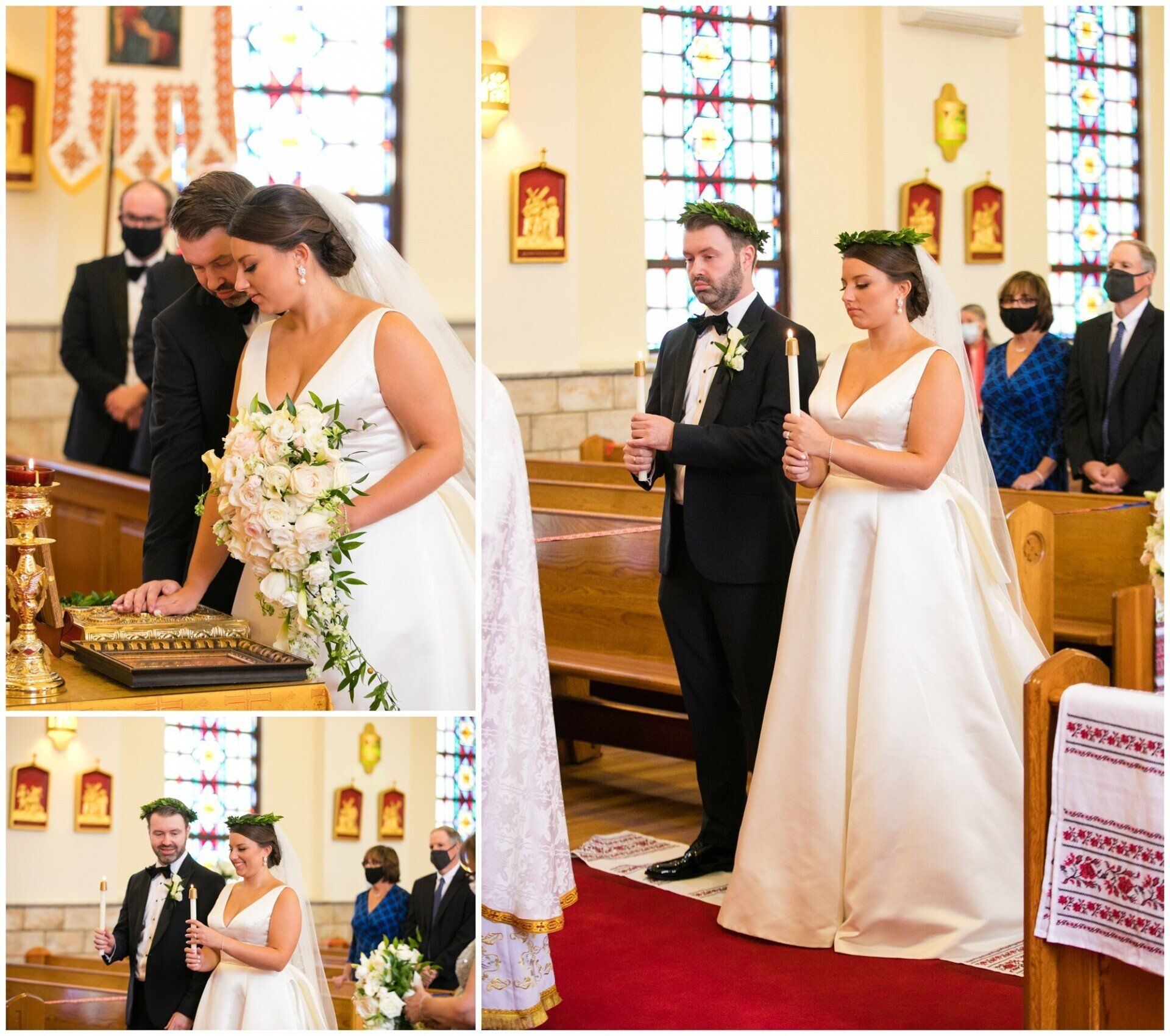 Bride and groom at altar in church, sharing a solemn wedding moment with guests nearby