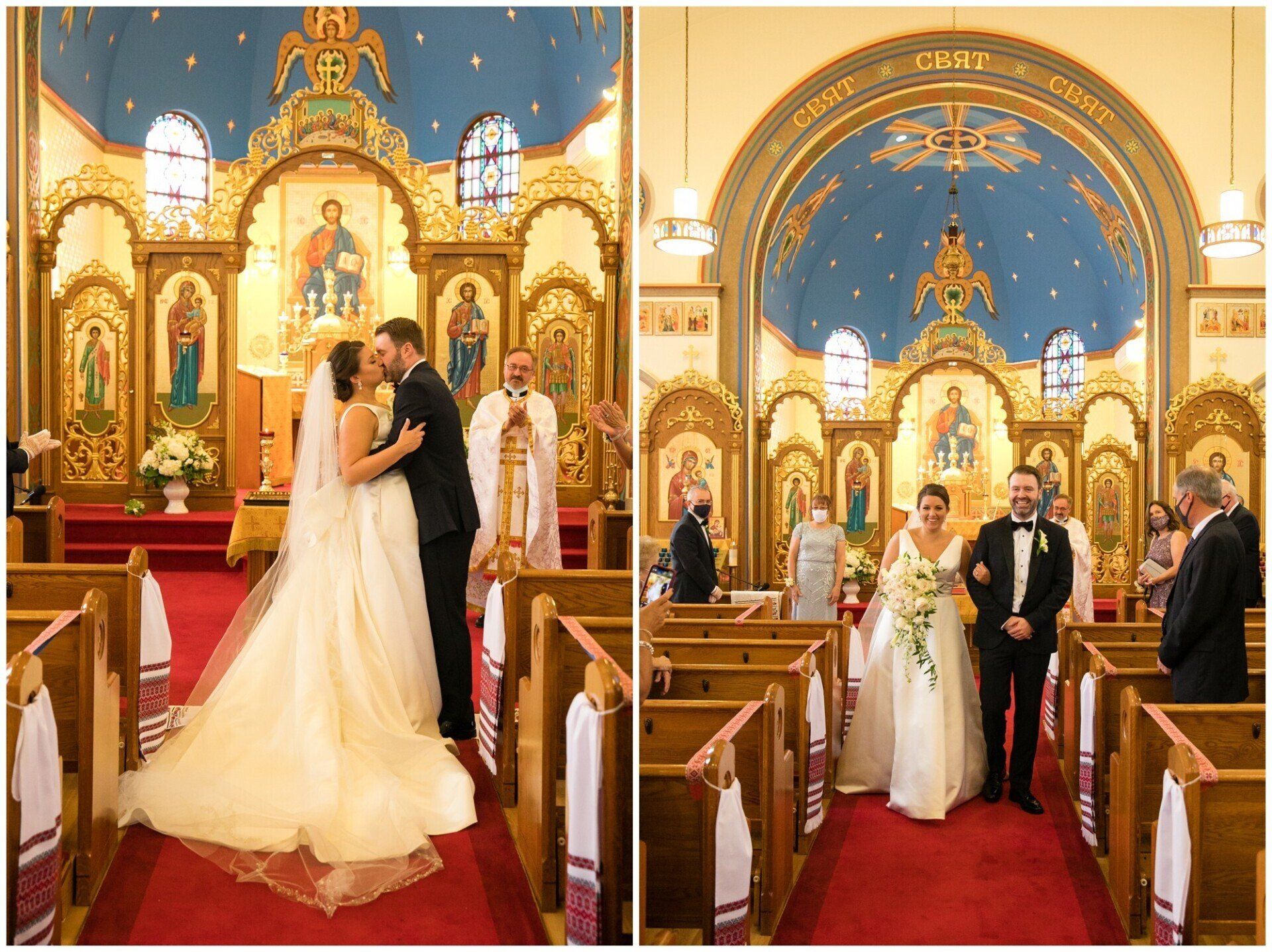 Bride and groom kissing in a gold-trimmed church, with guests and priest nearby under a blue ceiling