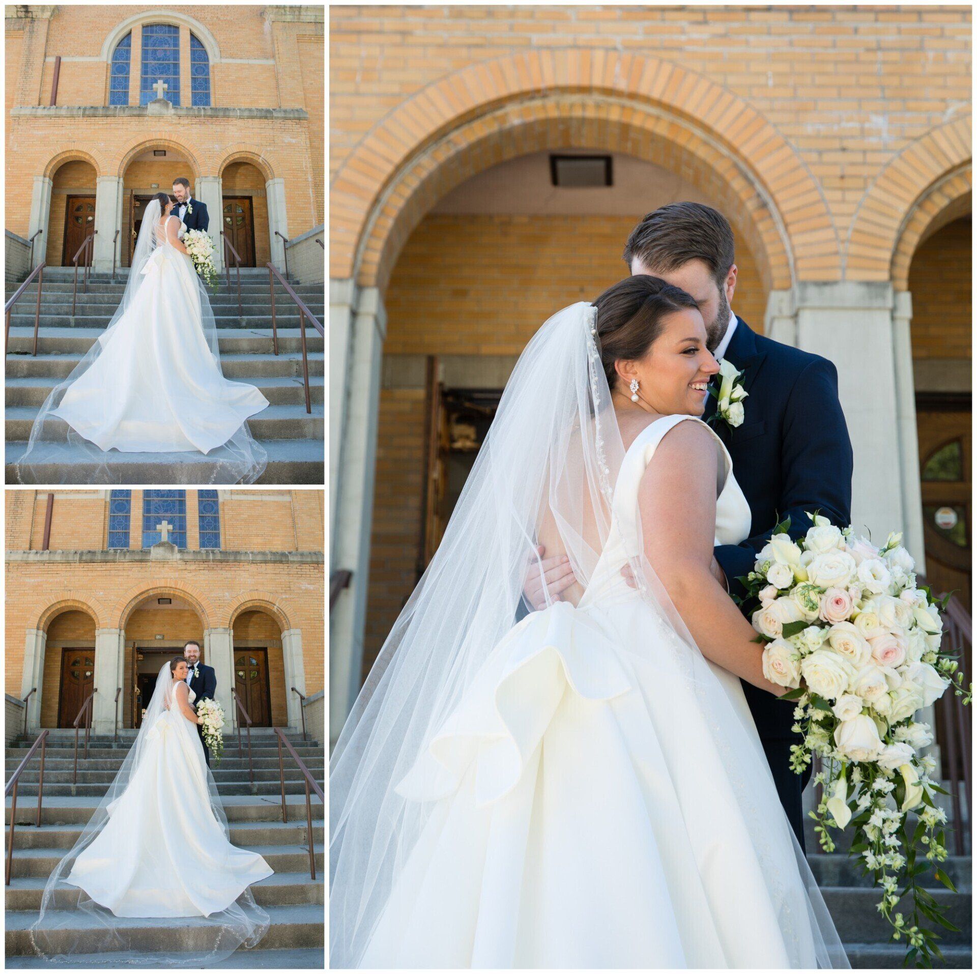 Bride and groom posing on church steps, with collage views of the back of her gown and bouquet.