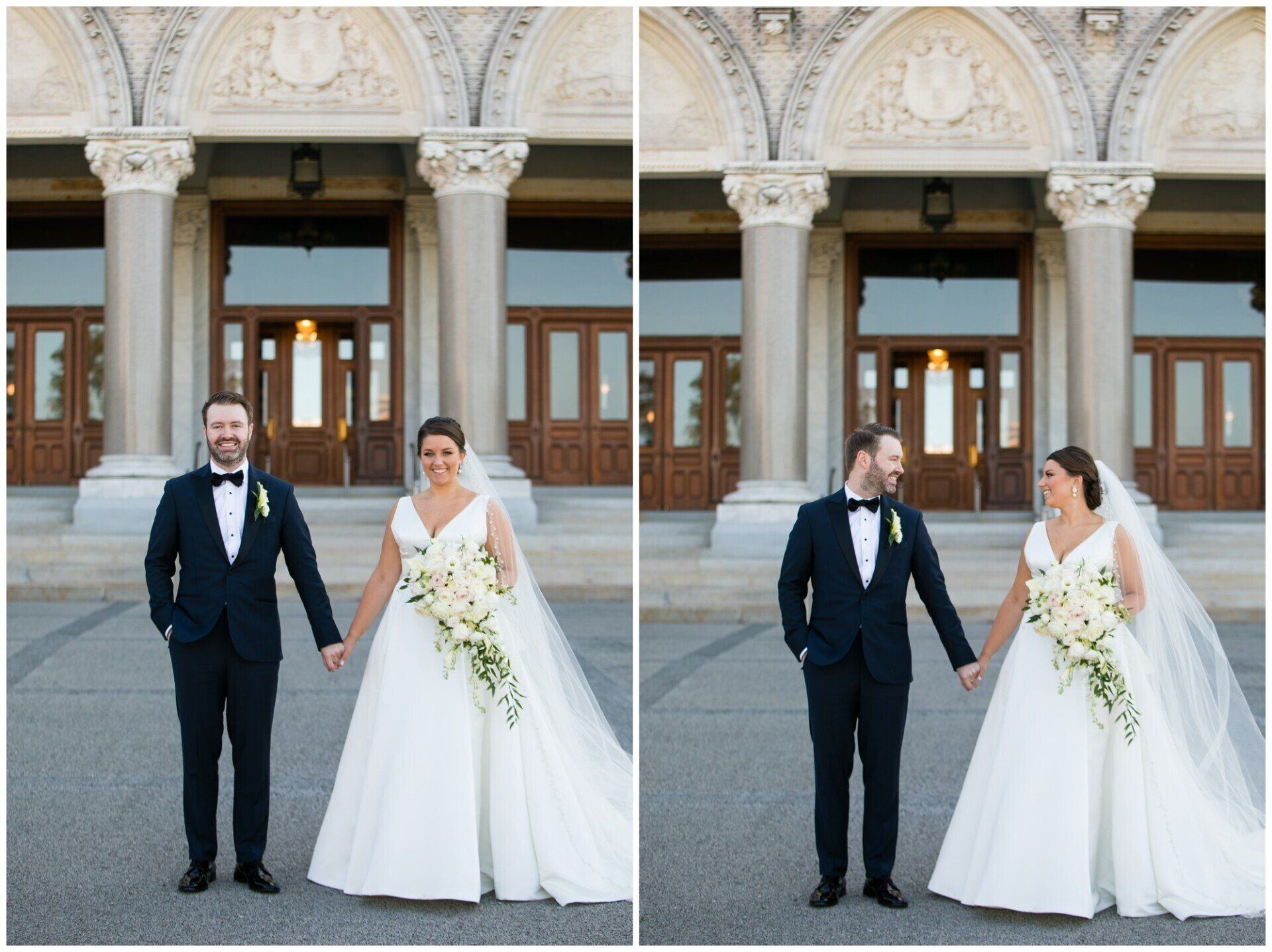 Wedding couple in formal attire holding hands outside an ornate building