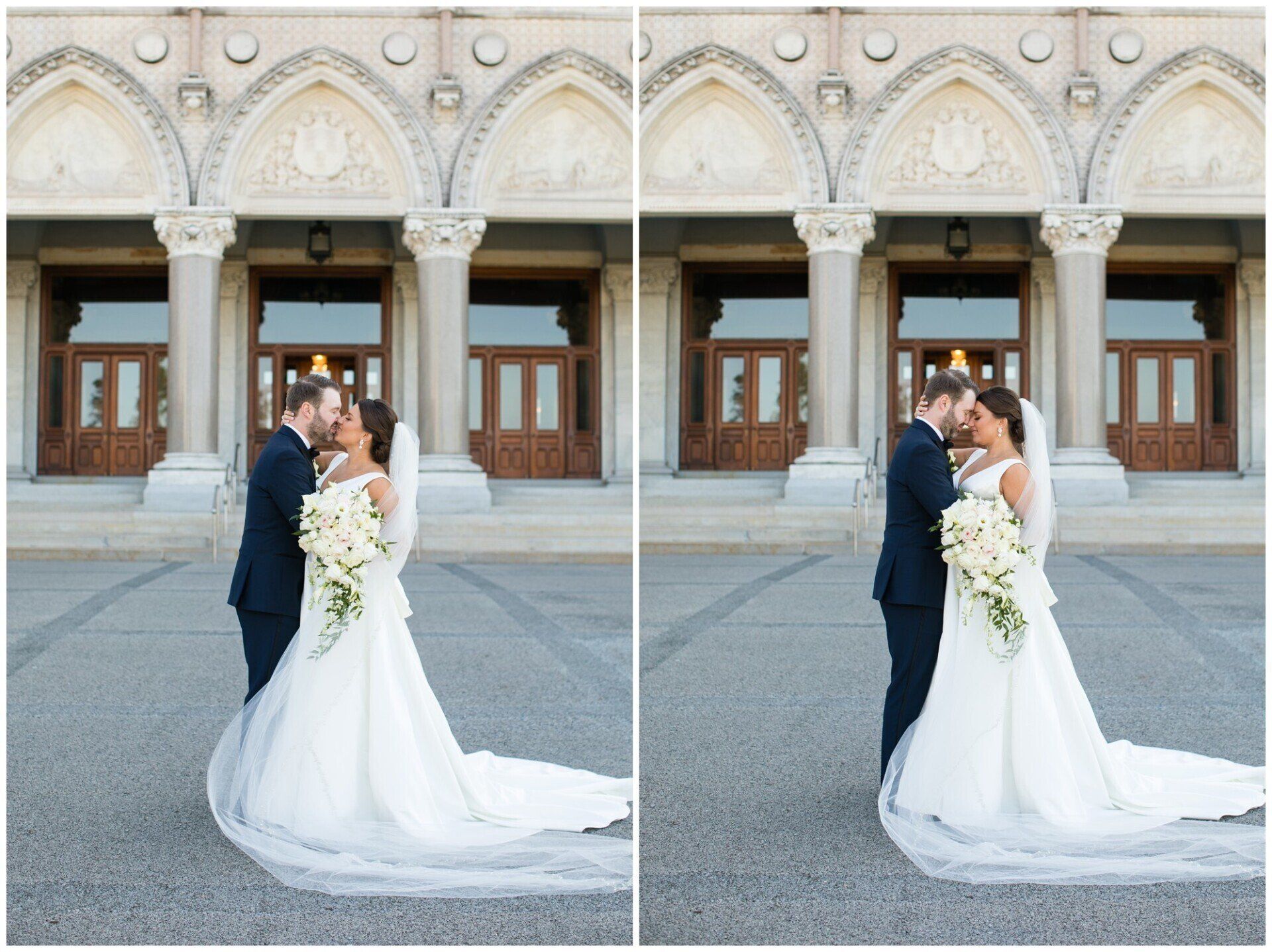 Bride and groom kissing outside an ornate building, shown side by side in a mirrored split image