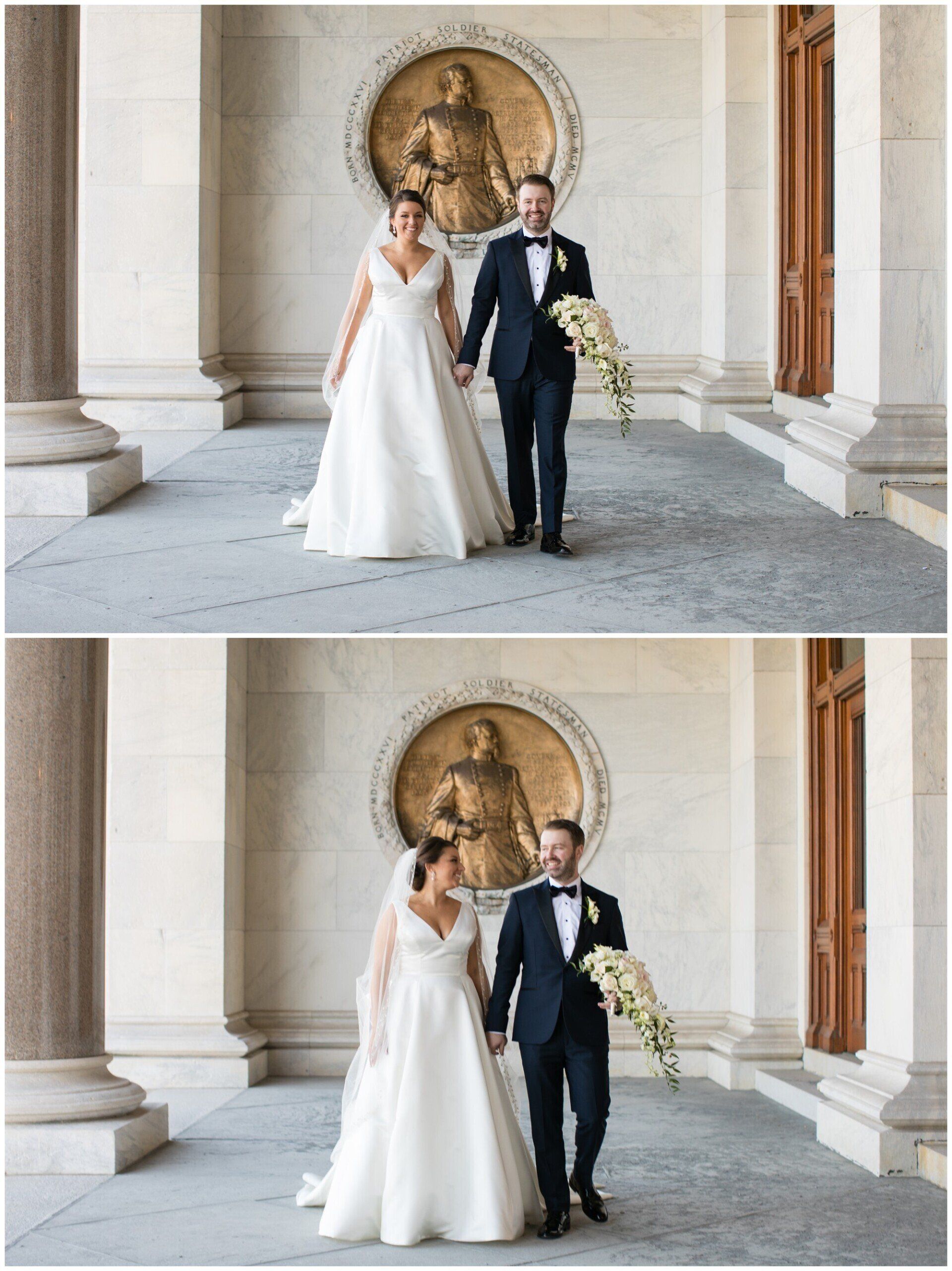 Bride and groom walking through a stone archway, bride in white gown and groom in dark suit, bouquet in hand
