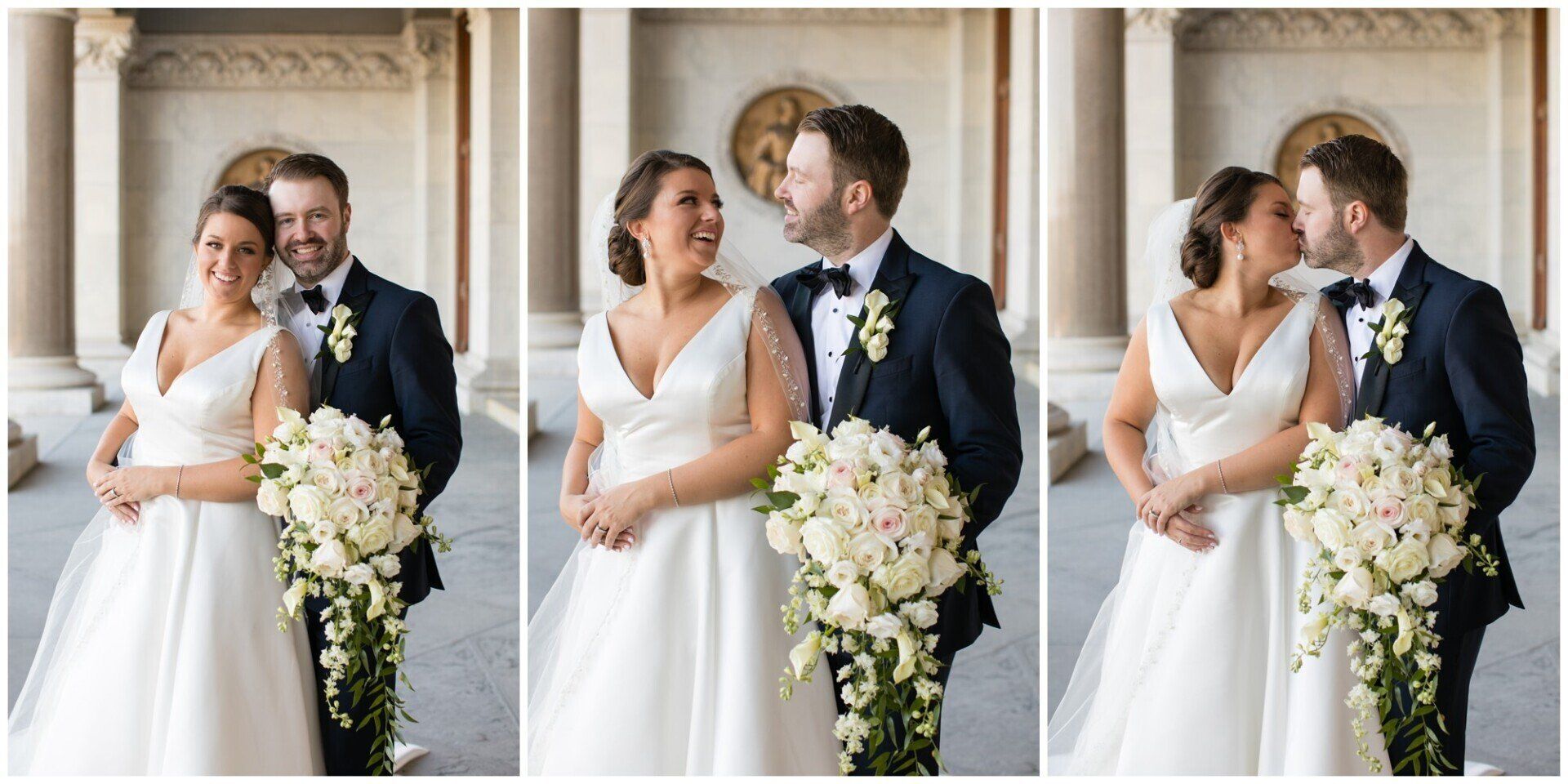 Bride and groom pose in a church, smiling and kissing while holding a white bouquet.