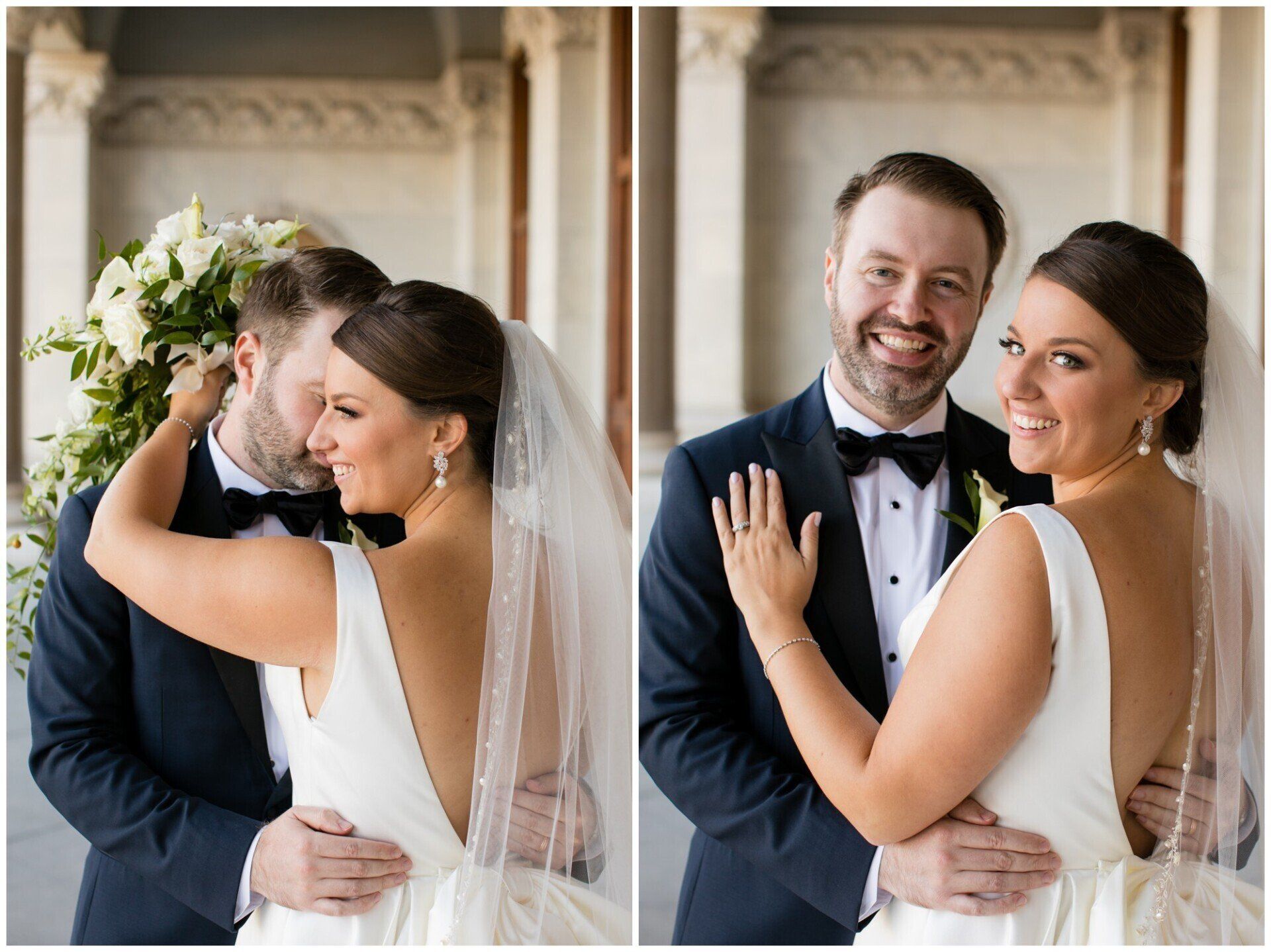 Wedding couple embracing and smiling, shown in two photos with a veil and tuxedo at a ceremony.