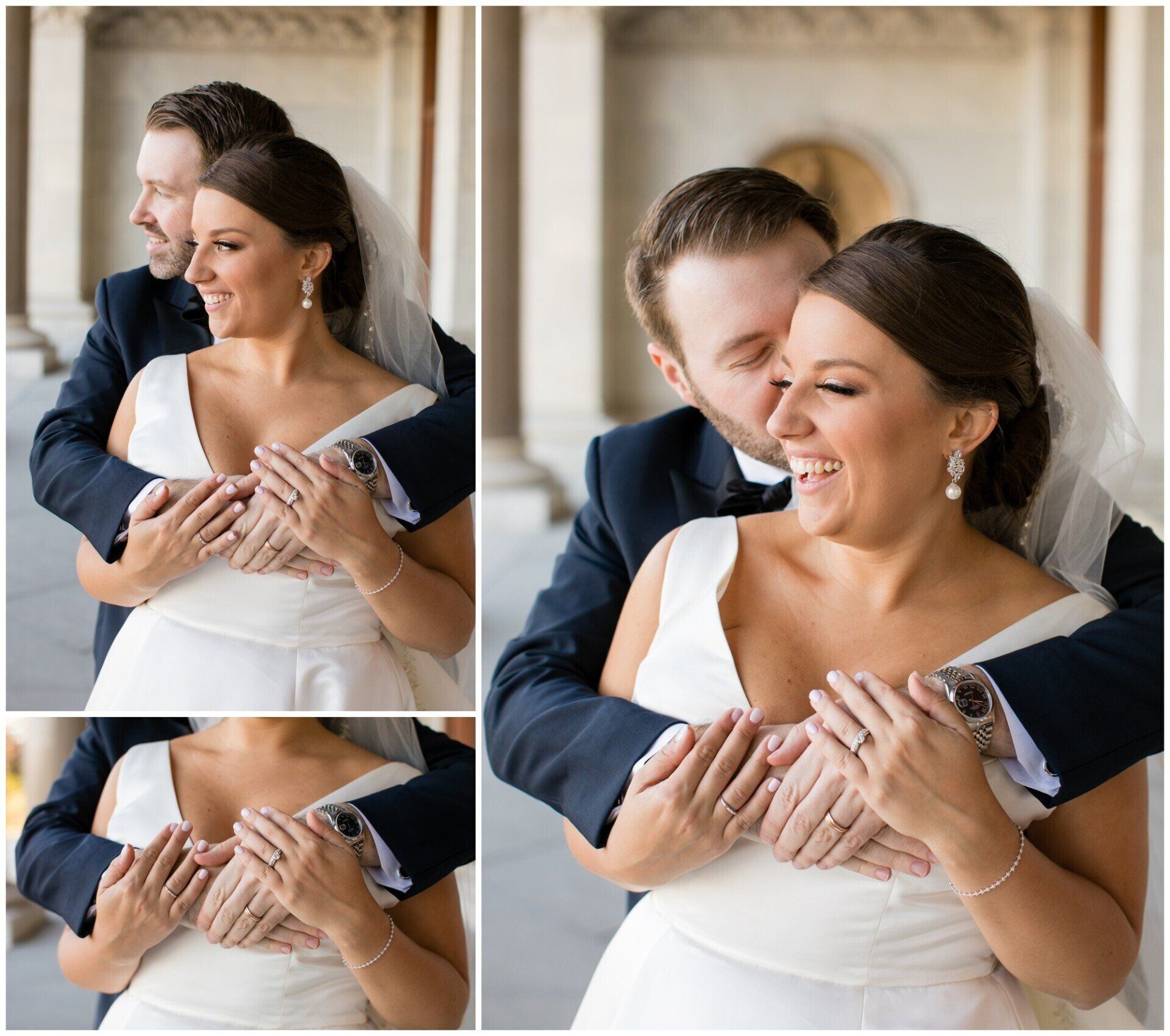 Bride and groom embracing in a wedding venue, smiling in a close-up collage.