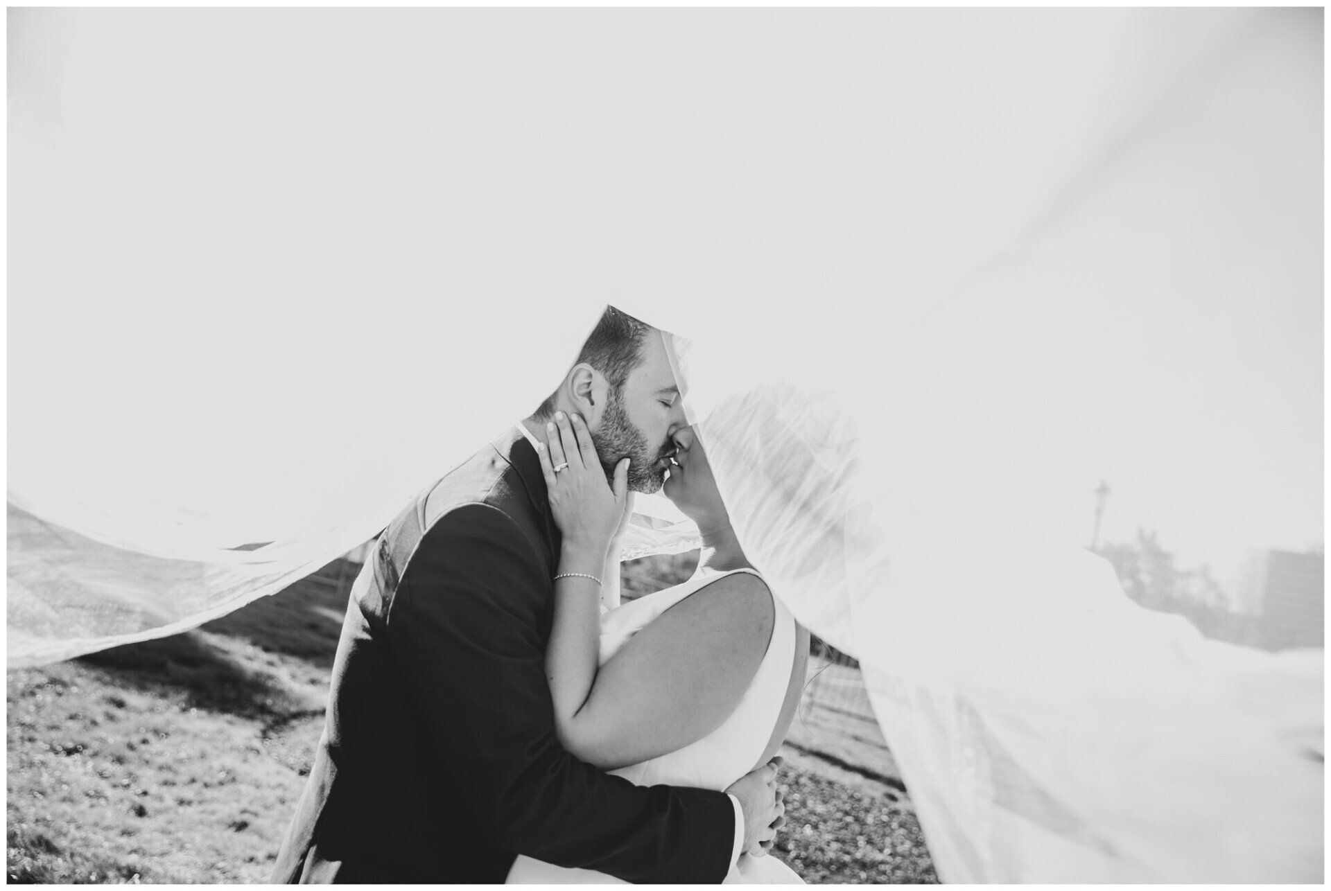 Couple embracing in a bright outdoor desert scene, with a flowing veil partially covering them