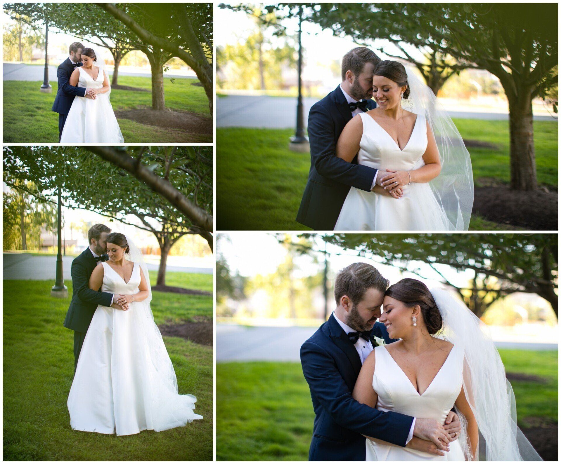Wedding couple embracing outdoors in white dress and dark suit under trees, shown in a four-photo collage
