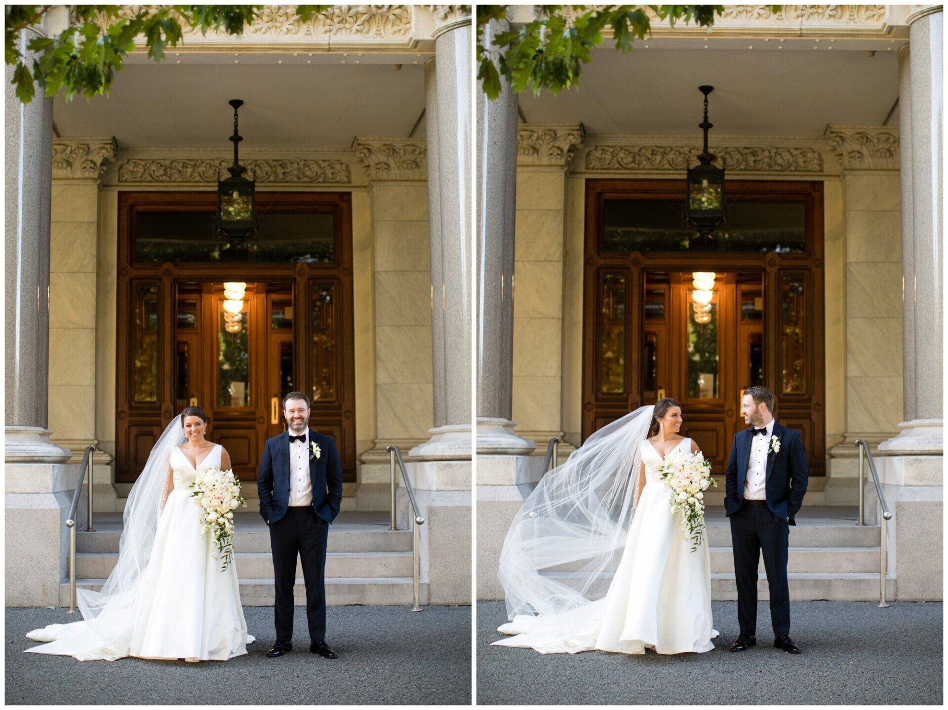 Bride and groom posing at a building entrance in two nearly identical wedding photos