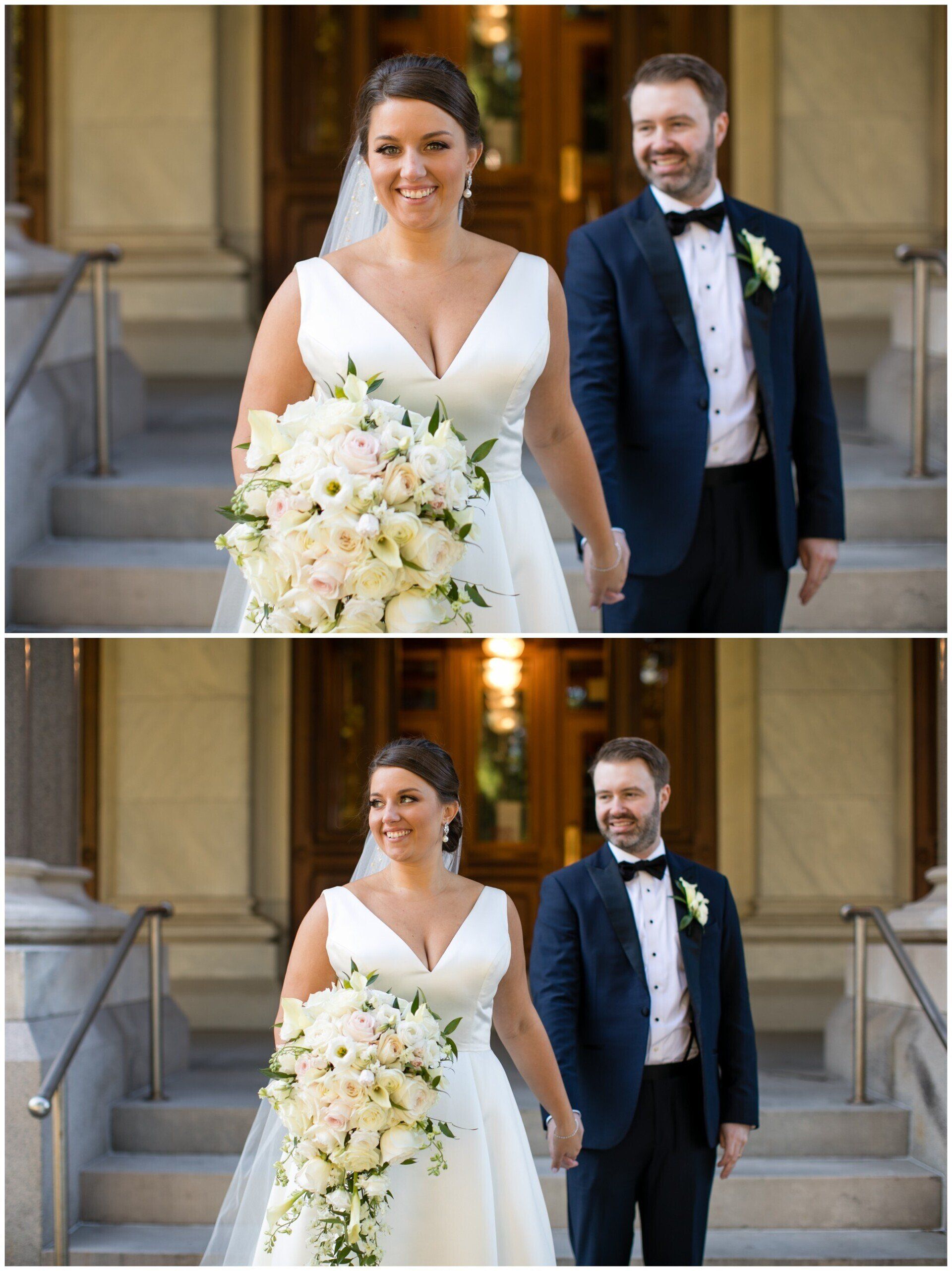 Bride and groom walking arm in arm at a wedding venue, with the bride holding a white bouquet