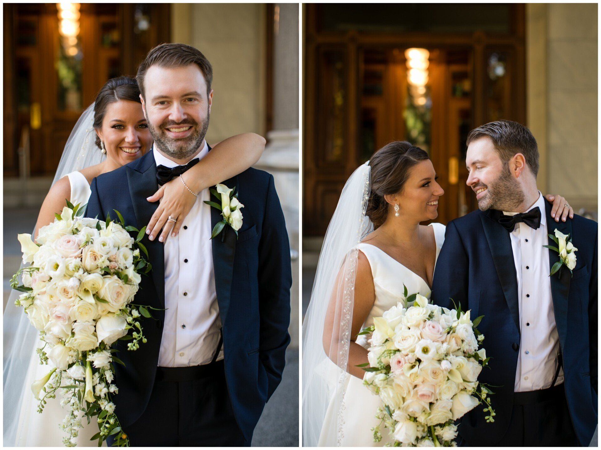 Bride embraces groom with bouquet in a church doorway, both smiling in formal wedding attire.