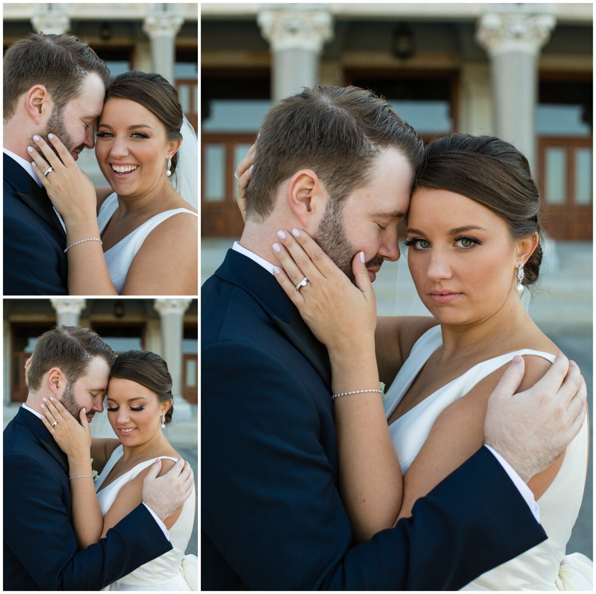 Couple in formal wear embracing outdoors, with close-up collage panels showing affectionate poses.