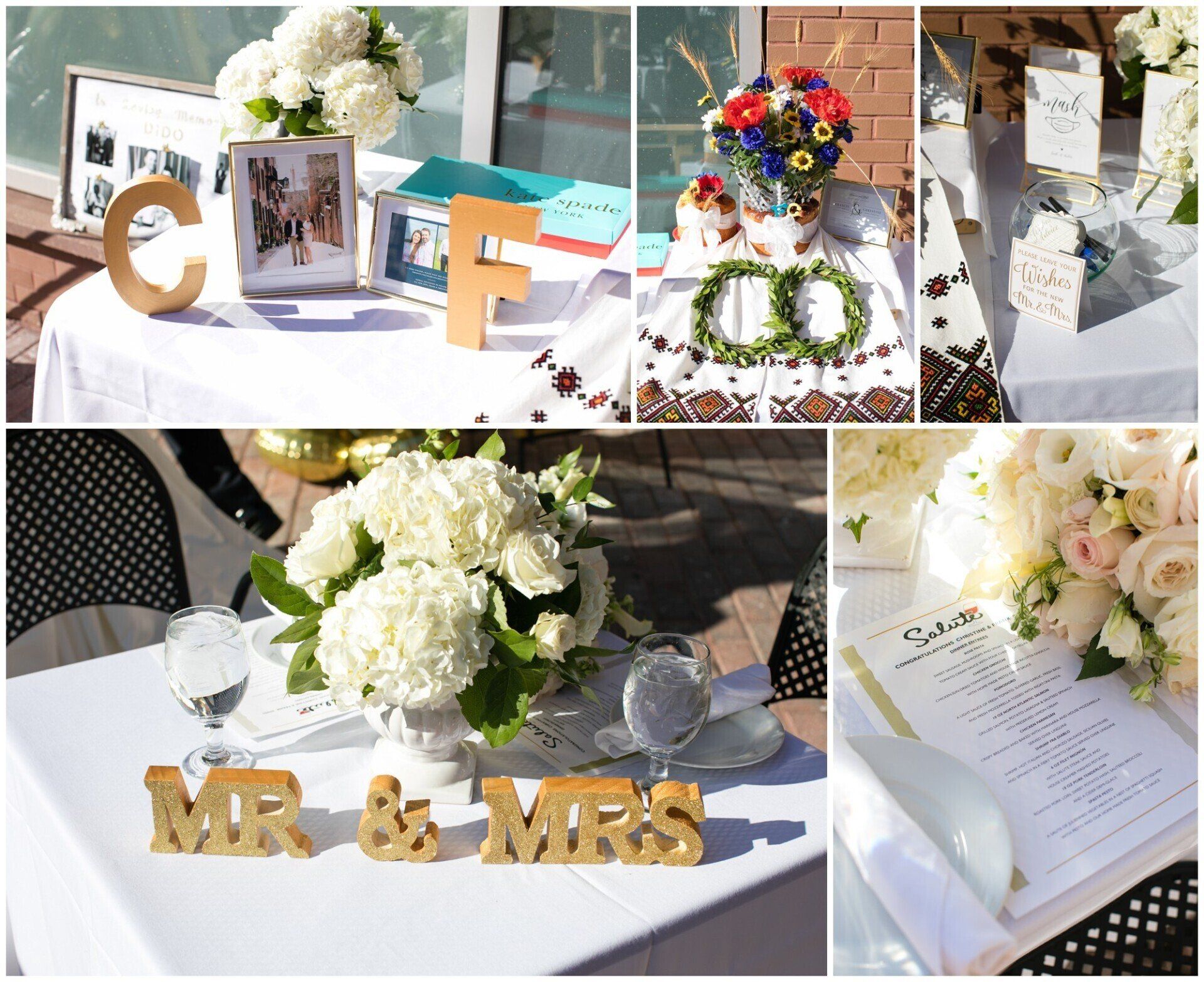 Wedding table decor with white flowers, gold “C”, “E”, and “MR & MRS” signs, and a guestbook