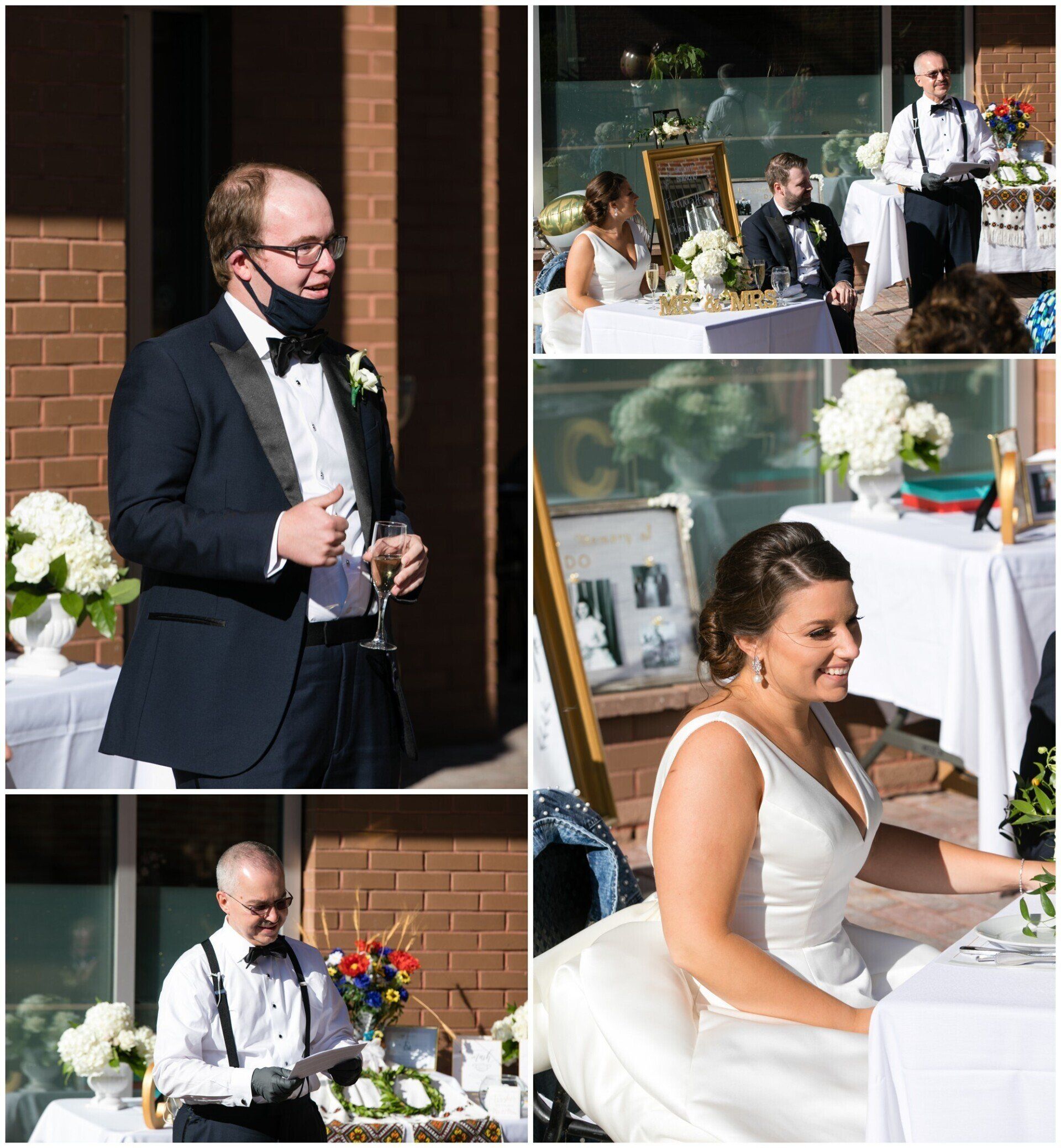 Wedding reception with guests seated at outdoor tables and a bride smiling in a white dress