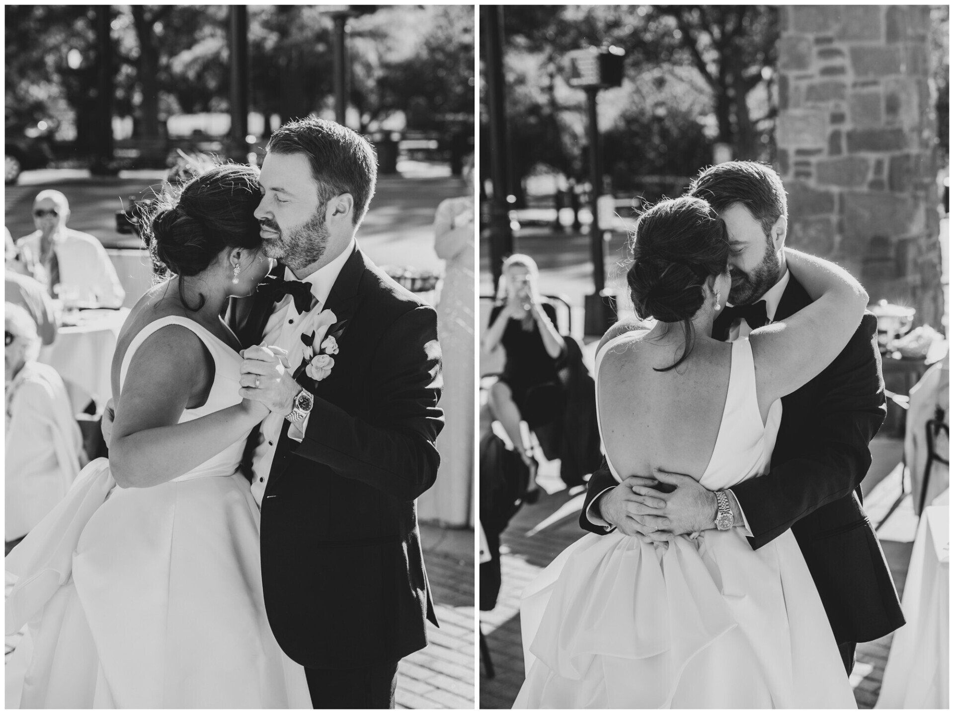 Wedding couple kissing and embracing outdoors in a black-and-white photo collage