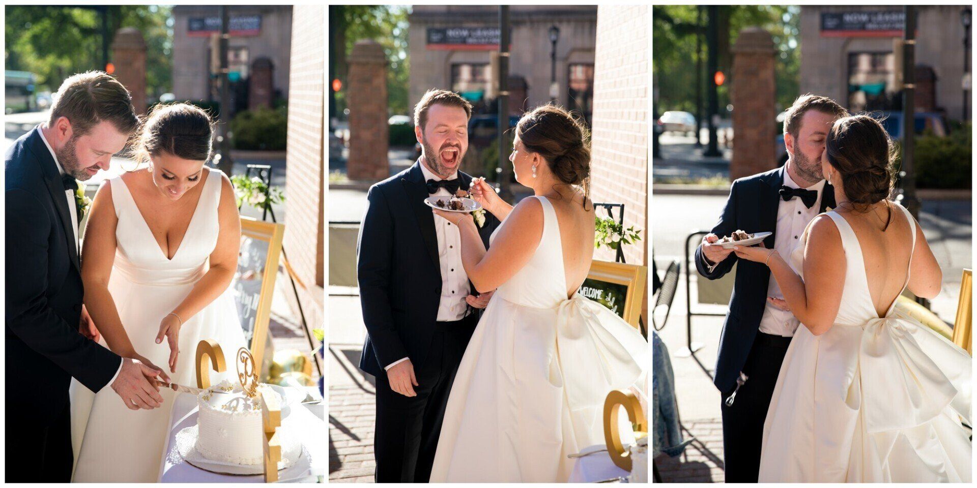 Wedding couple and officiant at an outdoor ceremony, with bride in white dress and groom in dark suit.