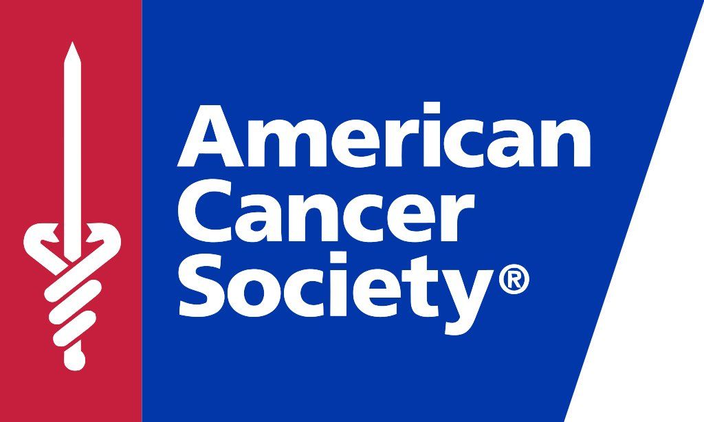 American Cancer Society logo with white text on blue and red background and a white ribbon icon