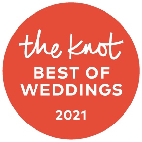 Red circular badge reading “the knot BEST OF WEDDINGS 2021” in white text