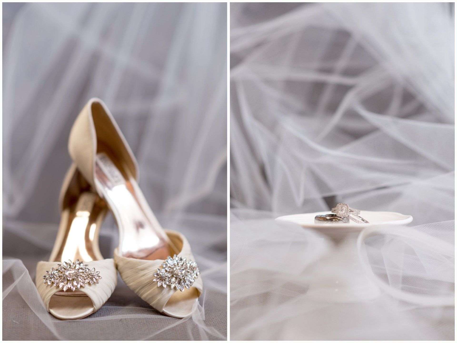 White satin bridal heels and a jeweled ring on a sheer draped background
