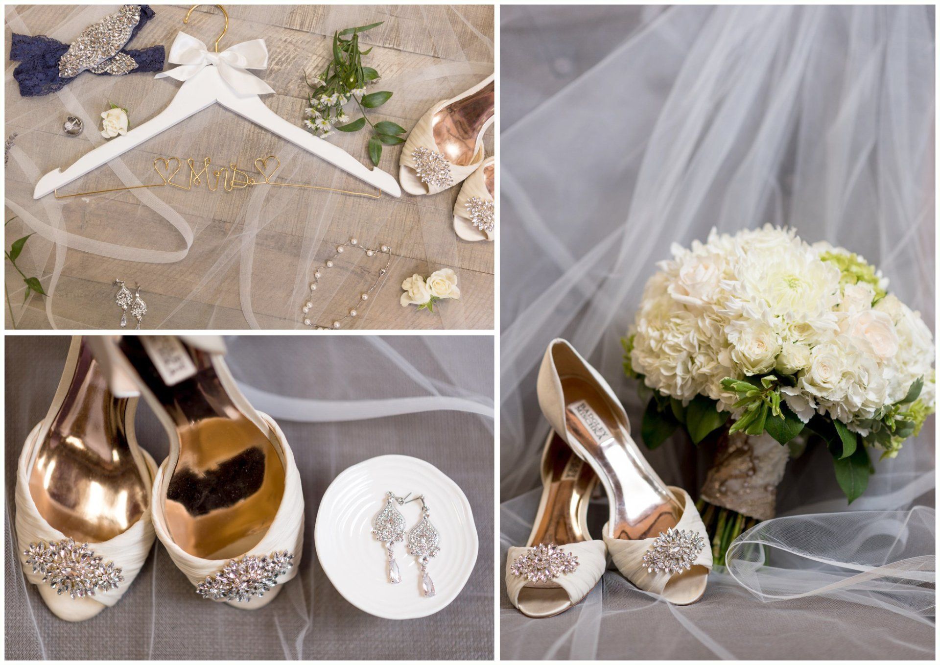 Gold bridal shoes, bouquet, veil, and jewelry arranged on a soft neutral background