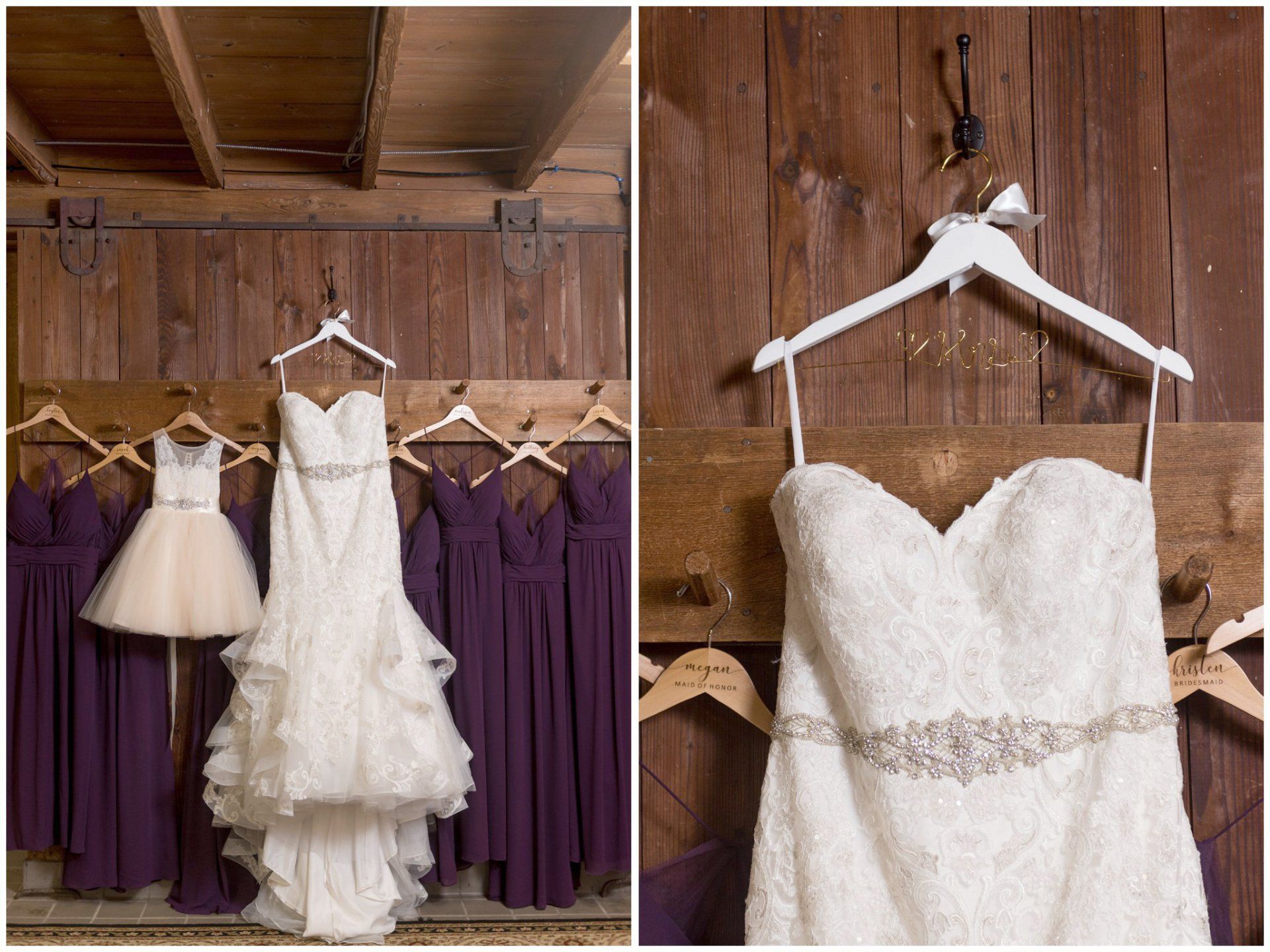 White wedding dresses hanging on wooden hangers in a rustic barn, close-up of a lace strapless gown