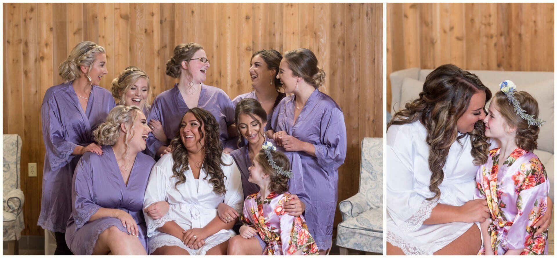Wedding party in lavender robes chats while a woman and child embrace in front of a wood wall.