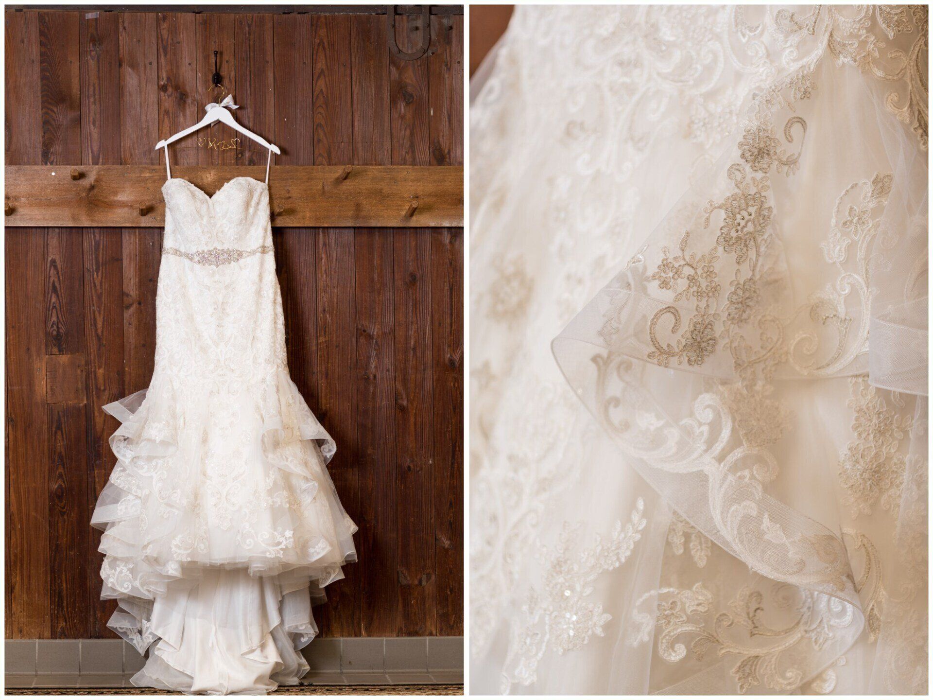 White lace wedding dress hanging on a wooden wall, with a close-up of the floral lace detail.