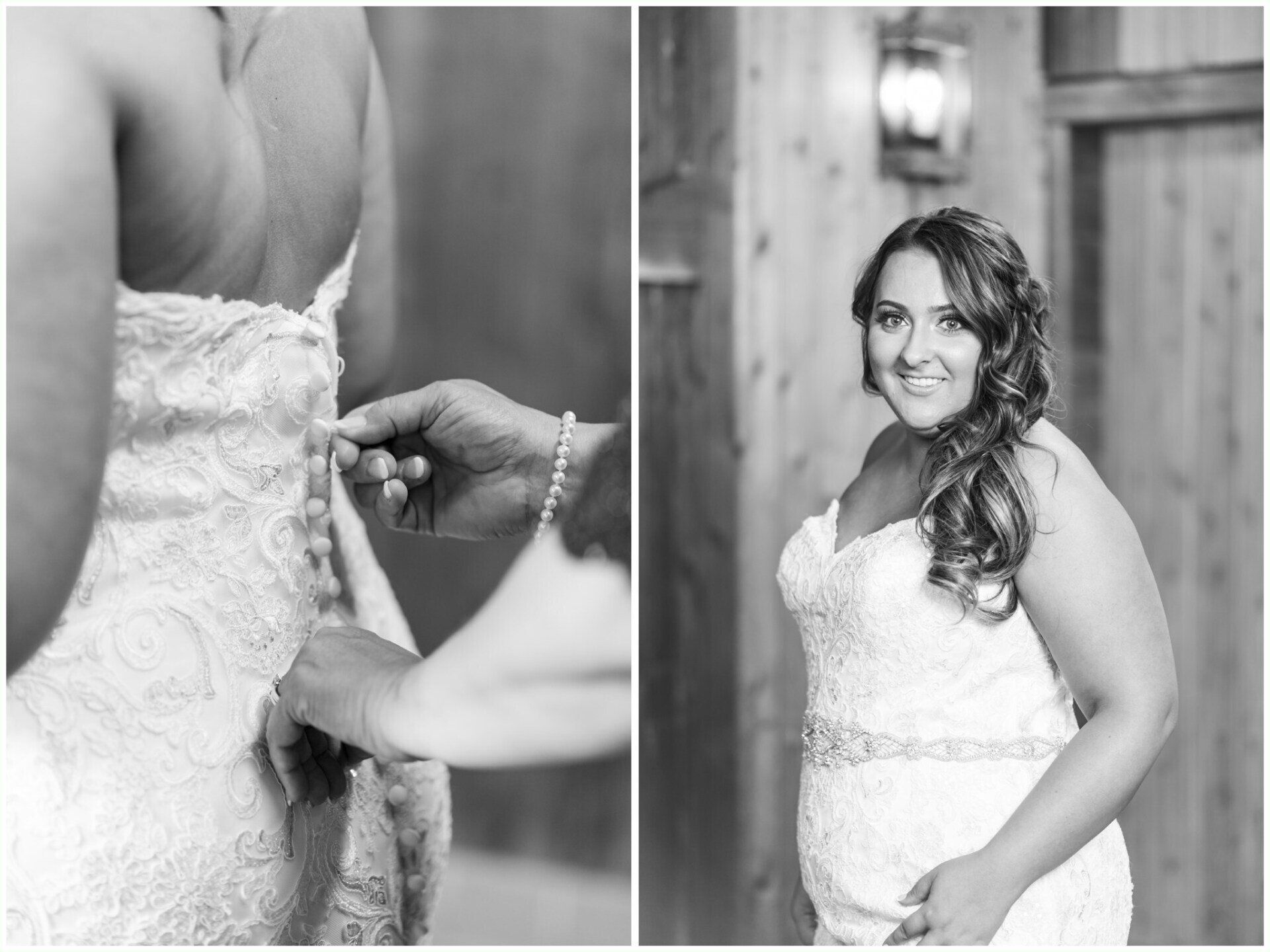 Bride being fastened into a strapless lace wedding dress, with a smiling portrait beside it.