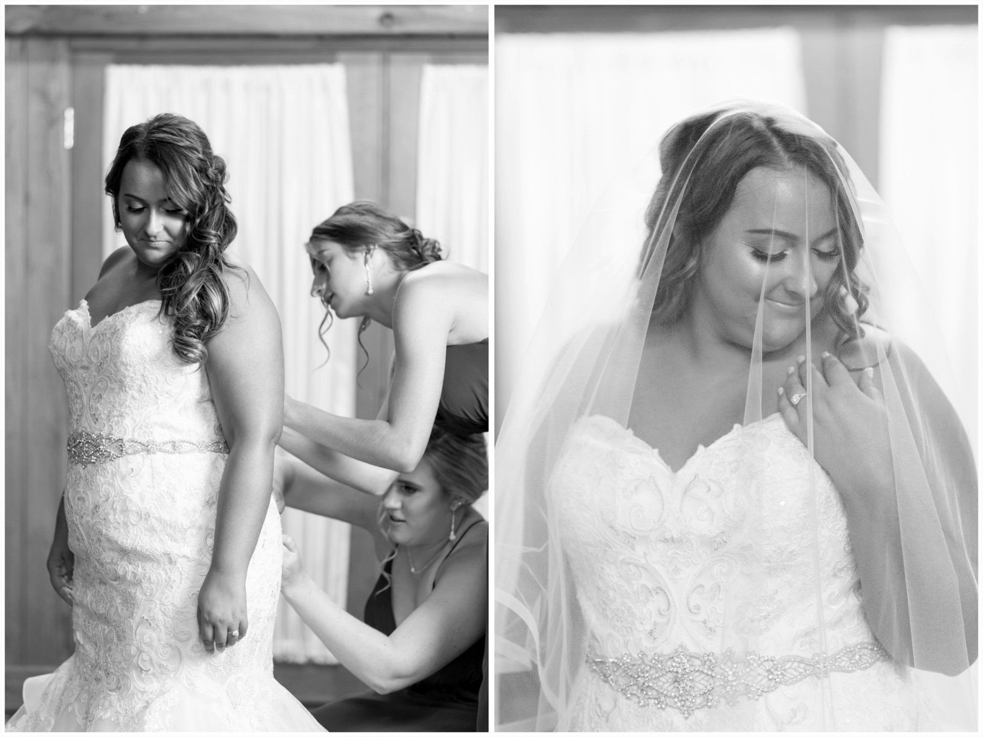Bride in white gown smiling as two women adjust her dress and veil before the wedding ceremony