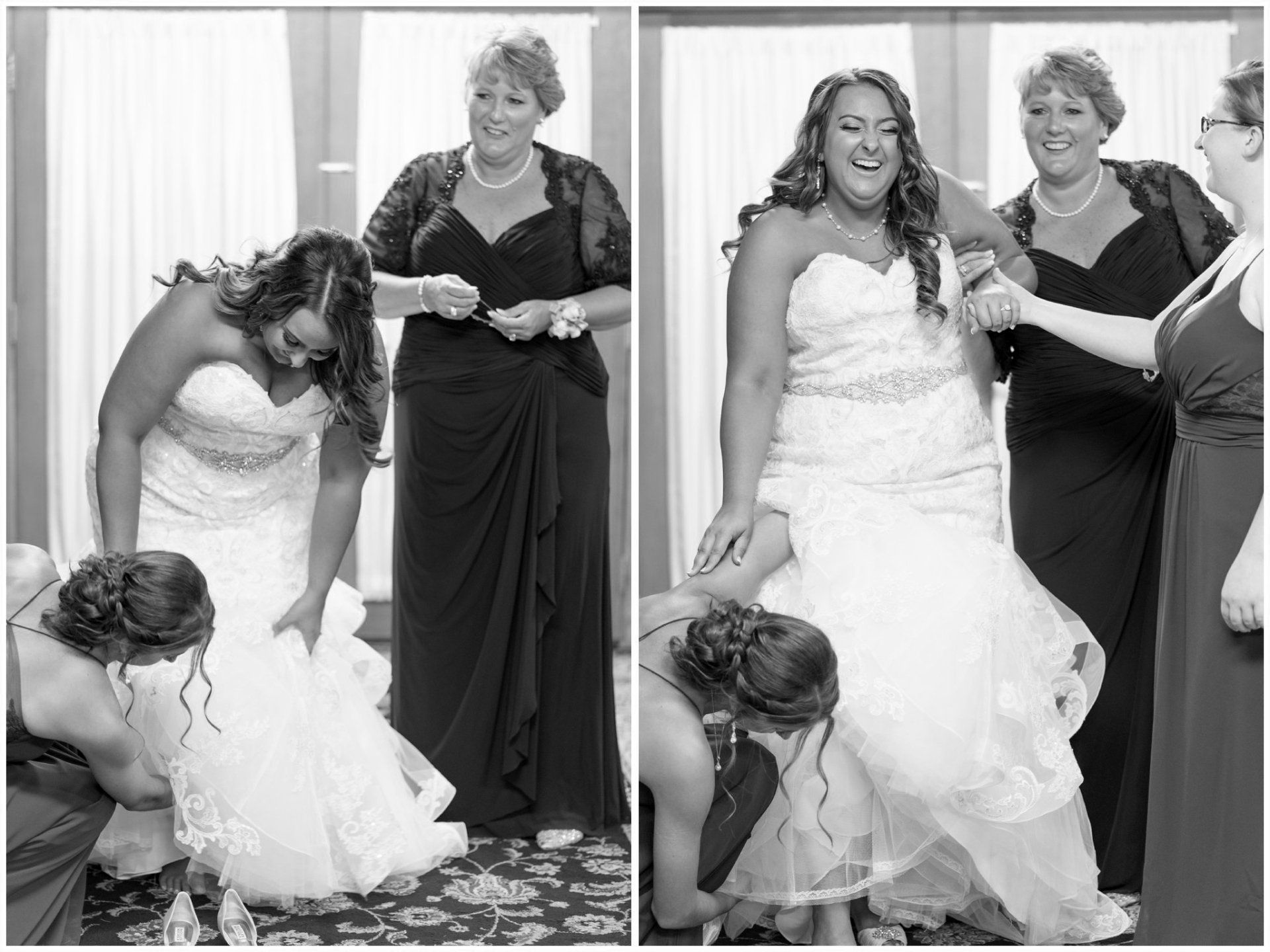 Bride being helped with her dress by two attendants, one kneeling nearby, in a black-and-white scene