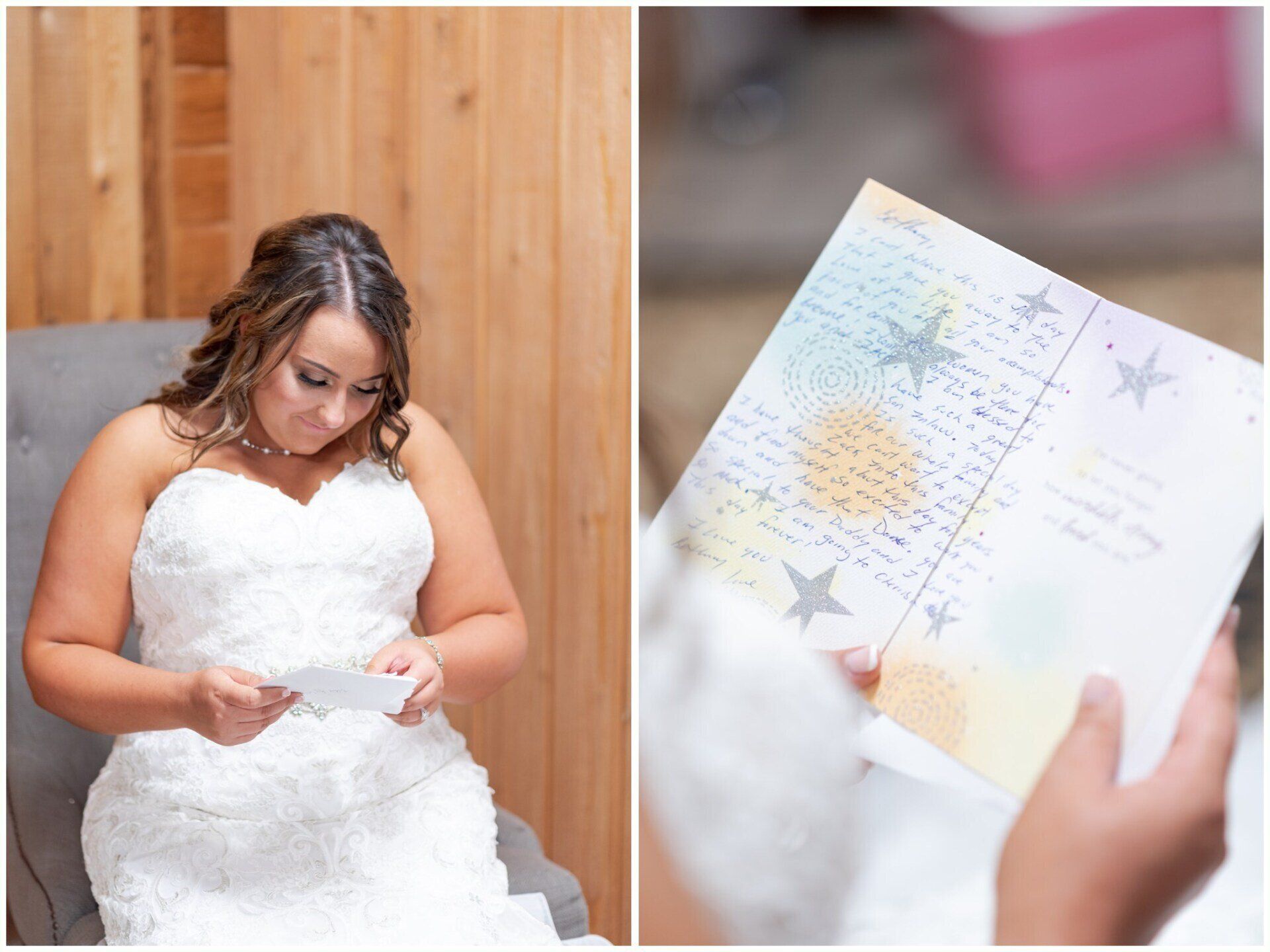 Bride in white dress reading a note beside a close-up of a handwritten card with star designs