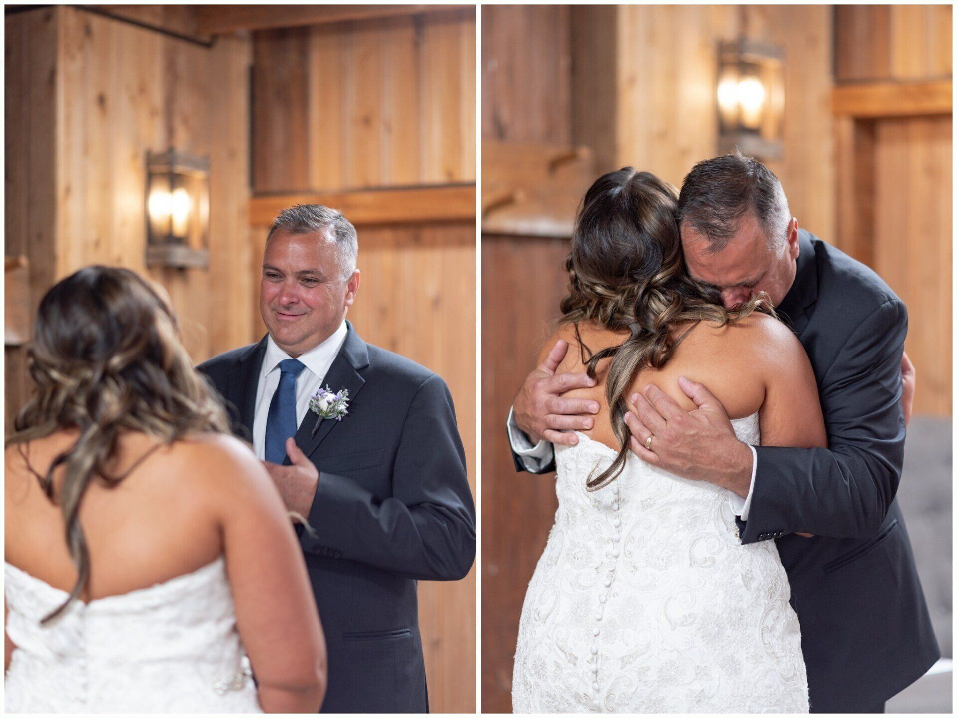 Bride embraces smiling man in suit during wedding ceremony indoors, with wood-paneled backdrop
