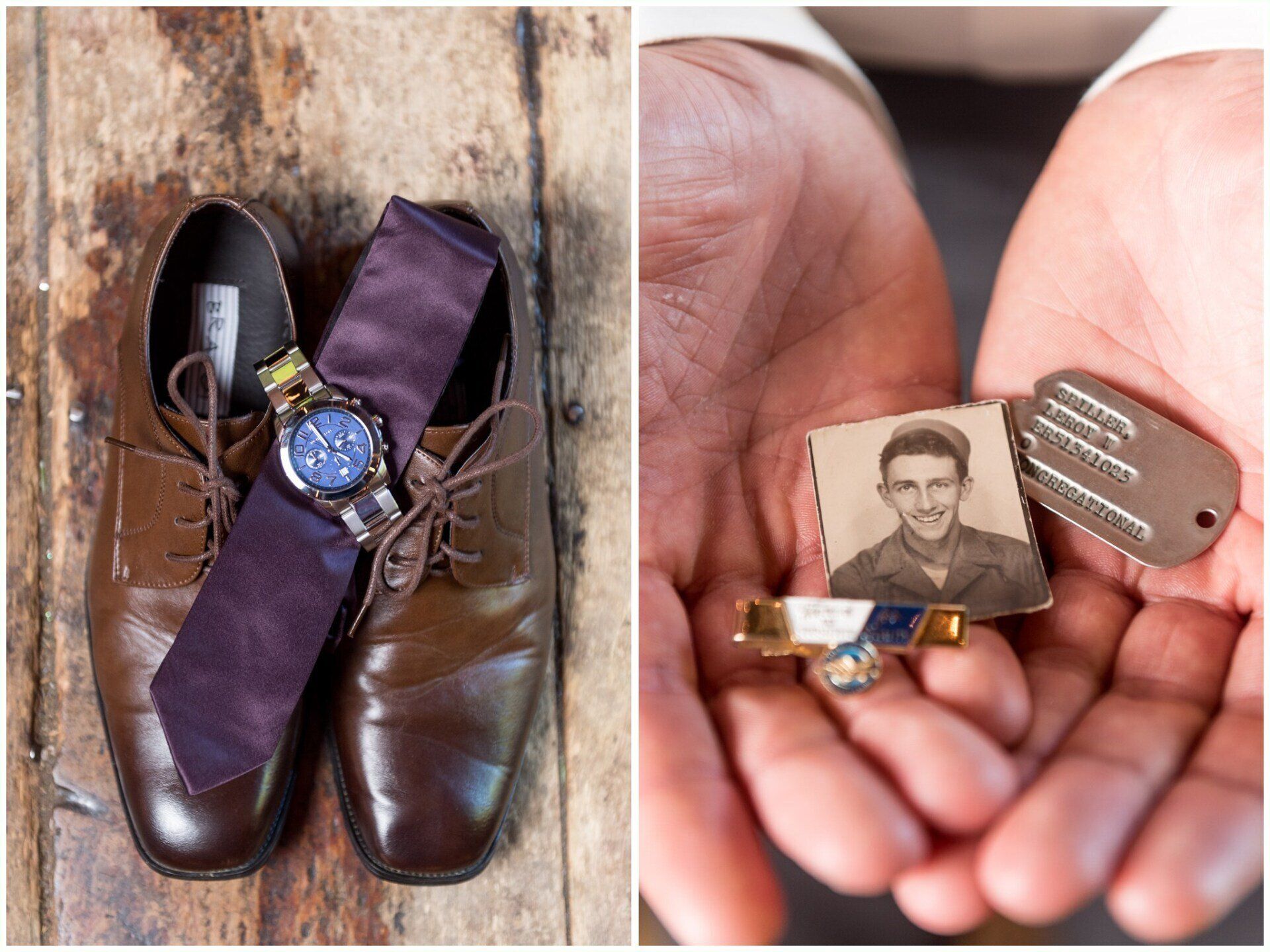 Brown dress shoes with a purple tie and watch; hands holding a small locket with a portrait and engraved tag.