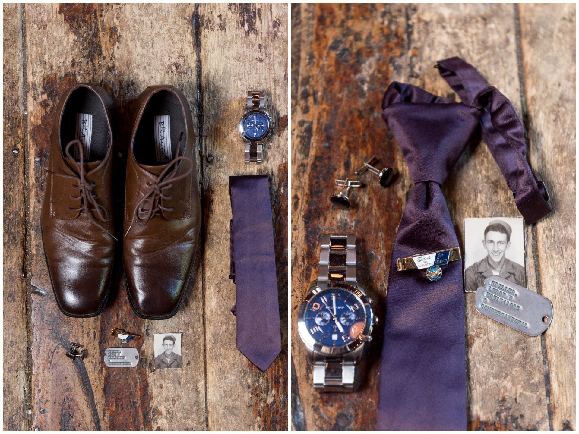 Brown dress shoes, purple tie and watch laid out on a wooden floor, with cufflinks, tie clip, and a photo.