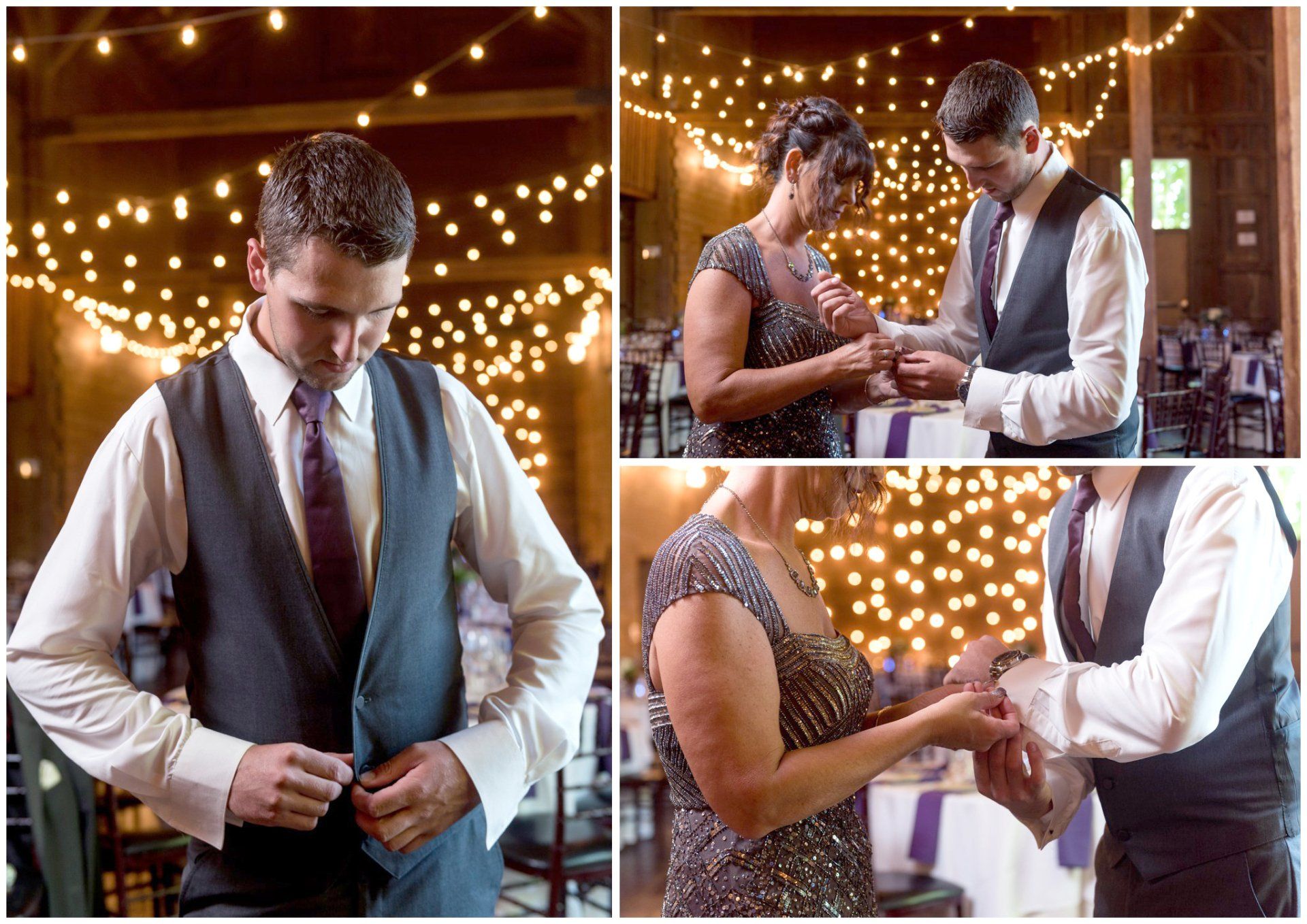 Wedding couple exchanging vows under warm string lights, with close-up of the groom fastening his vest