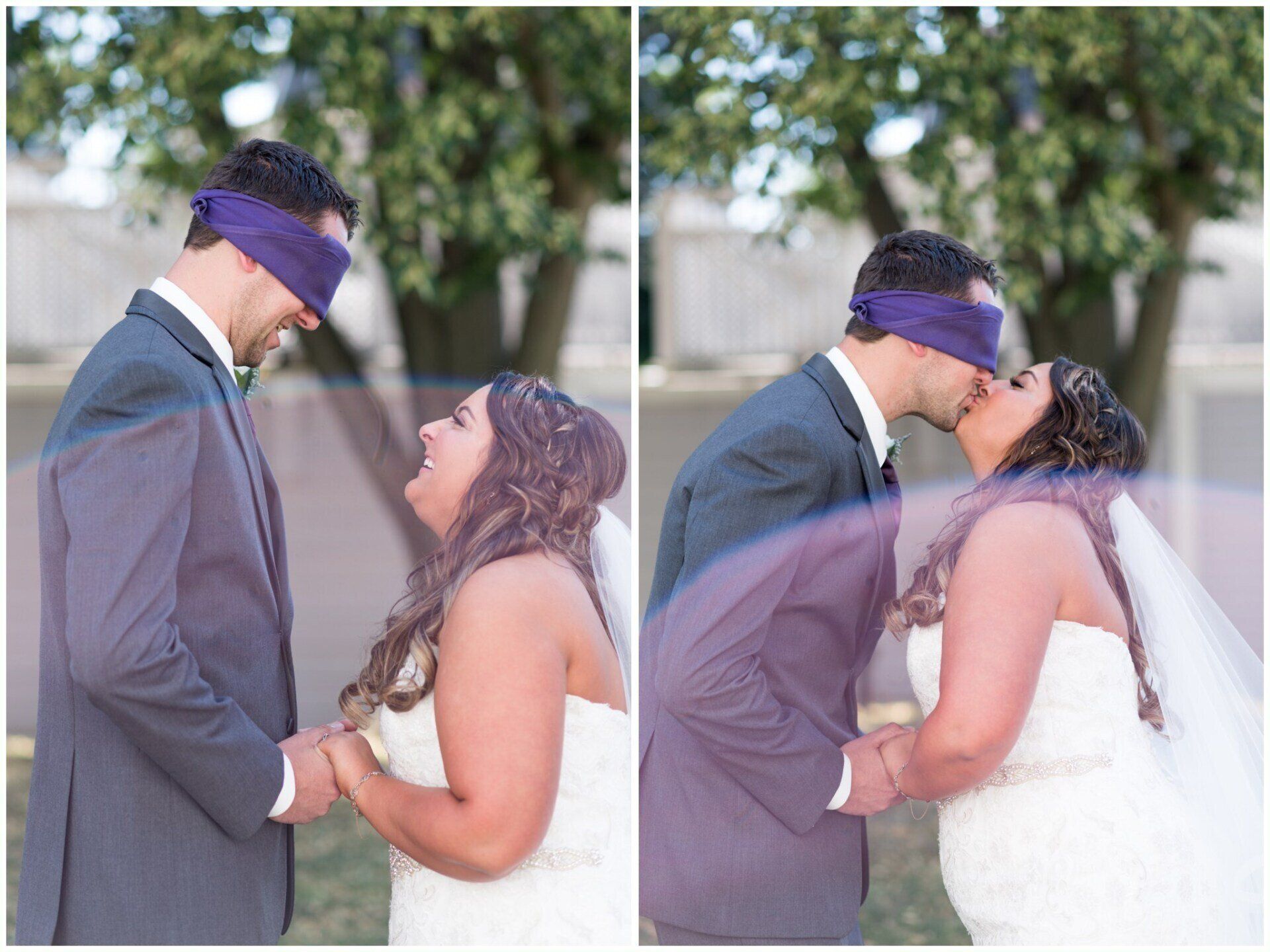 Couple in wedding attire kissing outdoors, with the groom blindfolded in both side-by-side shots.